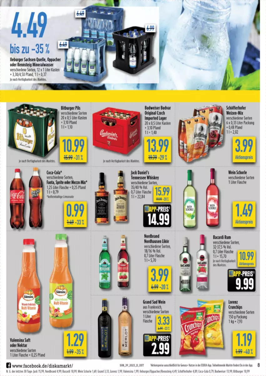 Aktueller Prospekt Diska - Prospekte - von 25.09 bis 30.09.2023 - strona 8 - produkty: aktionspreis, Alwa, bacardi, bacardi rum, bitburger, bitburger pils, budweiser, burger, chips, deka, eis, elle, fanta, flasche, gin, grand sud, jack daniel, jack daniel's, likör, limo, limonade, lorenz, Mezzo Mix, mineralwasser, Nektar, nordbrand, nuss, pils, reis, rum, sac, saft, schöfferhofer, schorle, sprite, tennessee whiskey, Ti, valensina, vita, wasser, wein, whiskey, ZTE