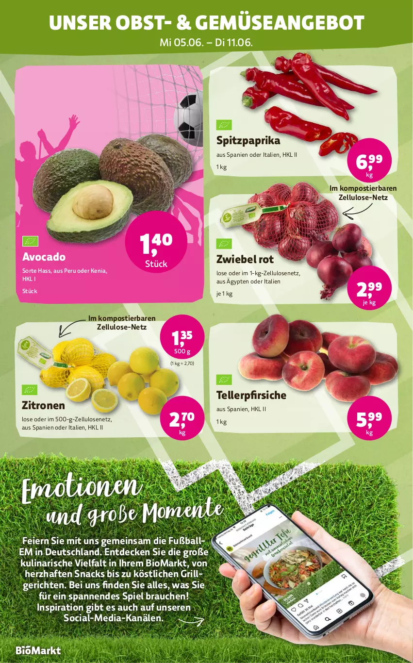 Aktueller Prospekt Denns Biomarkt - von 05.06 bis 18.06.2024 - strona 2 - produkty: angebot, avocado, ball, bio, decke, eier, elle, Fußball, grill, LG, obst, paprika, pfirsich, pfirsiche, Rauch, snack, snacks, Spitzpaprika, Stier, teller, Ti, zitrone, zitronen, zwiebel