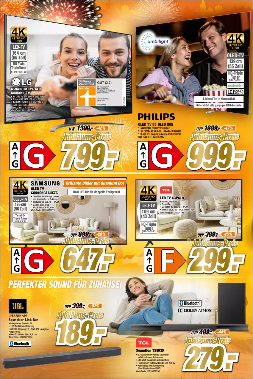 Aktueller Prospekt Expert Bonn - Prospekte - von 12.01 bis 18.01.2022 - strona 6 - produkty: Android TV, Draht, dvb, DVB-T, eis, HDMI, Jubiläums, led tv, LG, oled tv, Q10, qled, reis, ring, smart tv, soundbar, Subwoofer, Ti, tuner, tuner hd, usb