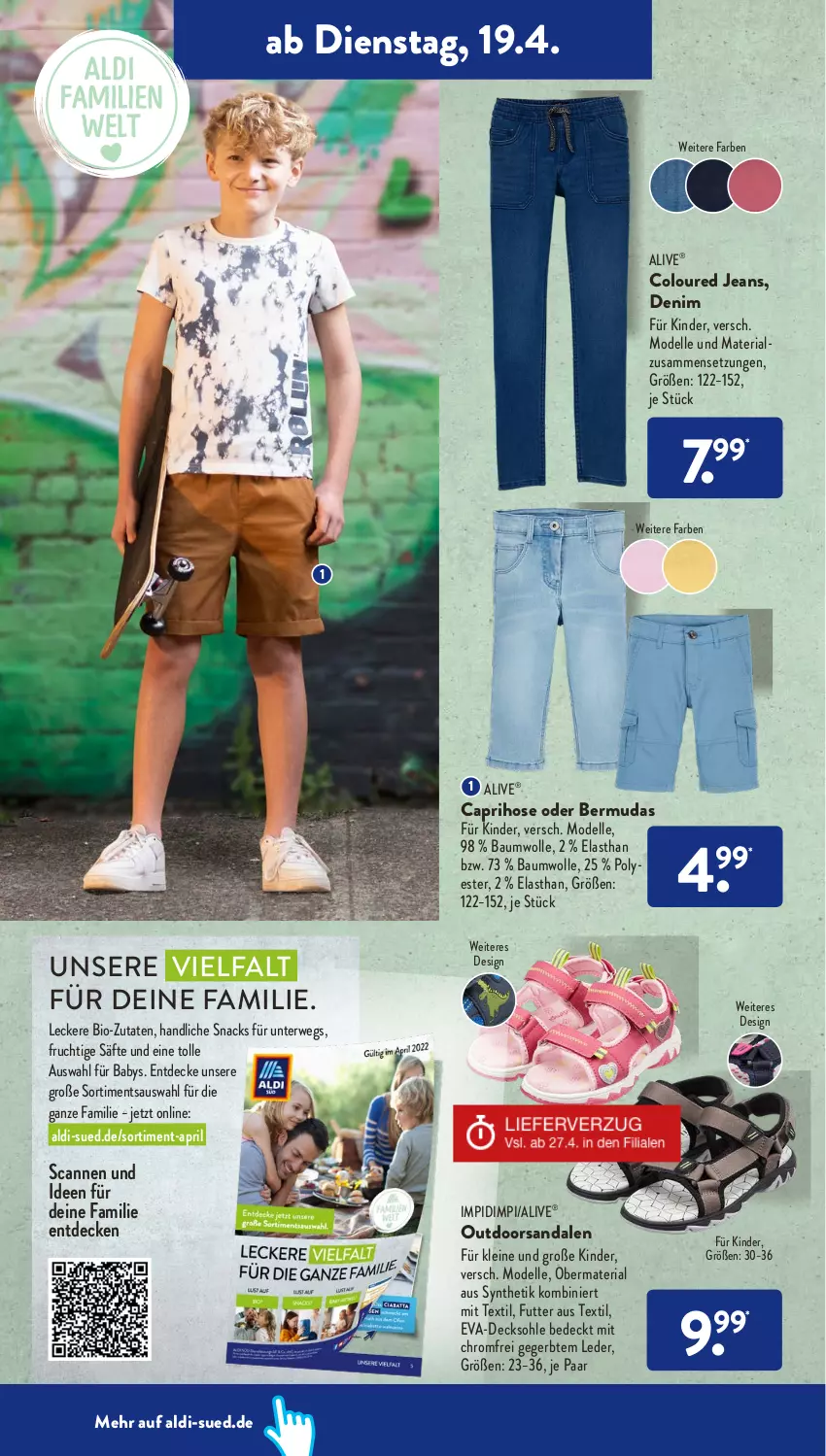 Aktueller Prospekt AldiSud - ALDI Aktuell - von 19.04 bis 23.04.2022 - strona 10 - produkty: aldi, Bau, baumwolle, bermuda, bermudas, bio, Cap, caprihose, decke, decksohle, dell, elle, frucht, hose, jeans, Kinder, leine, Mode, pril, Ria, rwe, säfte, sandale, sandalen, snack, snacks, Ti, wolle