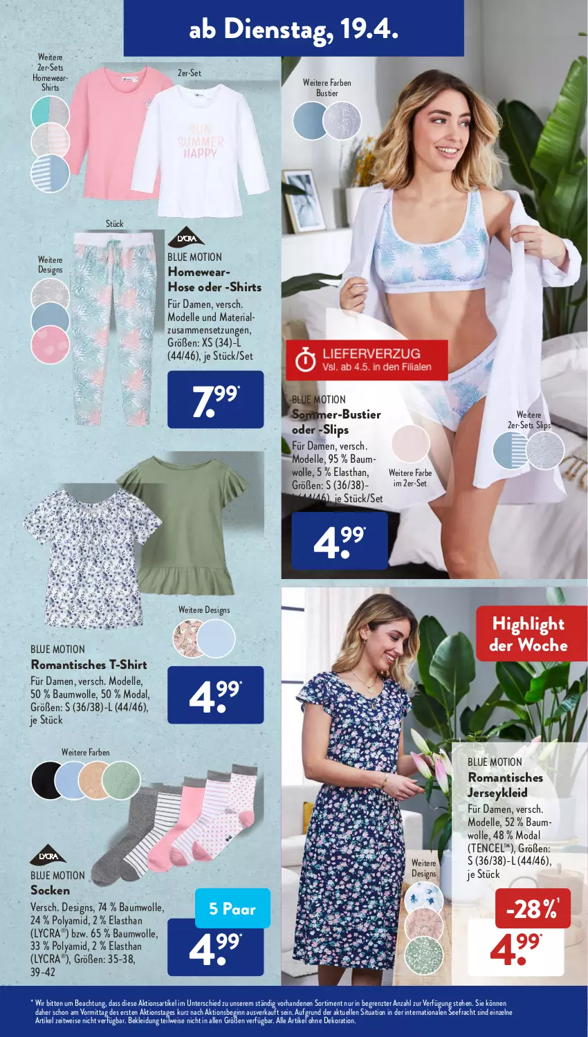 Aktueller Prospekt AldiSud - ALDI Aktuell - von 19.04 bis 23.04.2022 - strona 13 - produkty: alle artikel ohne dekoration, Bau, baumwolle, dekoration, dell, eis, elle, gin, hose, kleid, Kleidung, Mode, Ria, shirt, shirts, slip, slips, socken, Stier, T-Shirt, Ti, tisch, wolle, ZTE