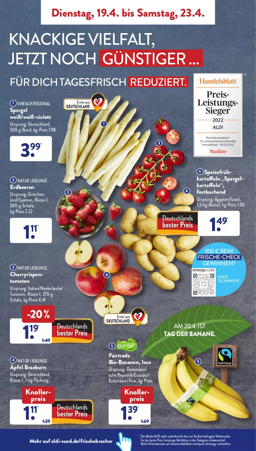 Aktueller Prospekt AldiSud - ALDI Aktuell - von 19.04 bis 23.04.2022 - strona 2 - produkty: aldi, banane, bananen, beere, beeren, beutel, bio, bio-bananen, eis, erdbeere, erdbeeren, Frühkartoffeln, kartoffel, kartoffeln, knallerpreis, kracher, lebensmittel, natur, Rauch, reis, rispentomaten, Schal, Schale, spargel, speisefrühkartoffeln, Ti, tomate, tomaten, Yo