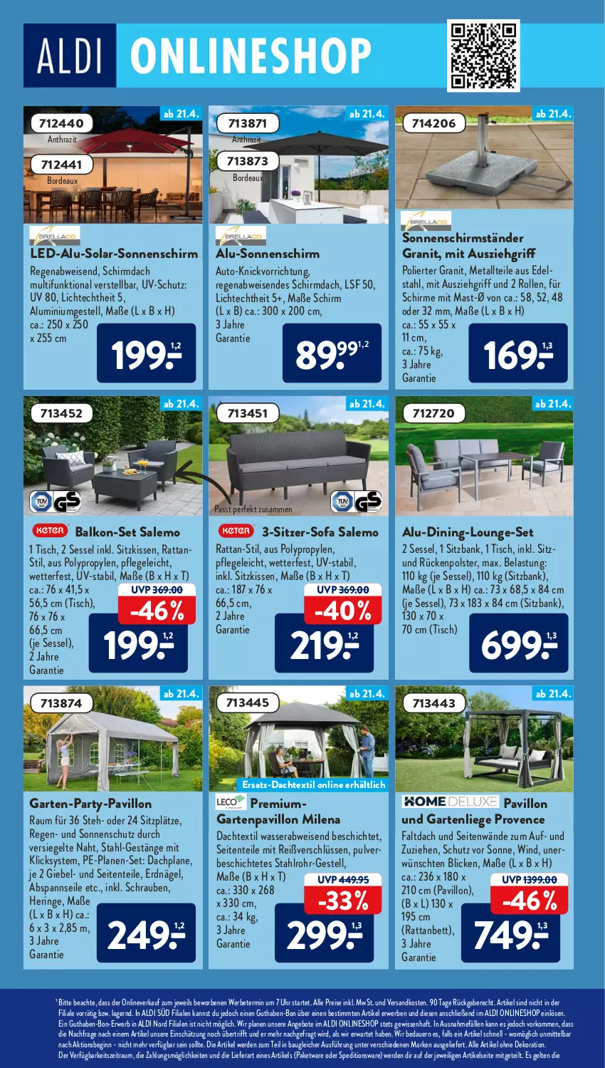 Aktueller Prospekt AldiSud - ALDI Aktuell - von 19.04 bis 23.04.2022 - strona 22 - produkty: aldi, alle artikel ohne dekoration, aluminiumgestell, angebot, angebote, auer, auto, Bank, Bau, bett, dekoration, edelstahl, eis, ente, erde, Garten, gartenliege, gin, hering, HP, kissen, Liege, lounge-set, ndk, pavillon, reis, ring, rwe, schirme, schirmständer, schrauben, sessel, sitzbank, sitzkissen, Sofa, sonnenschirm, sonnenschutz, Ti, tisch, uhr, uv-schutz, wasser