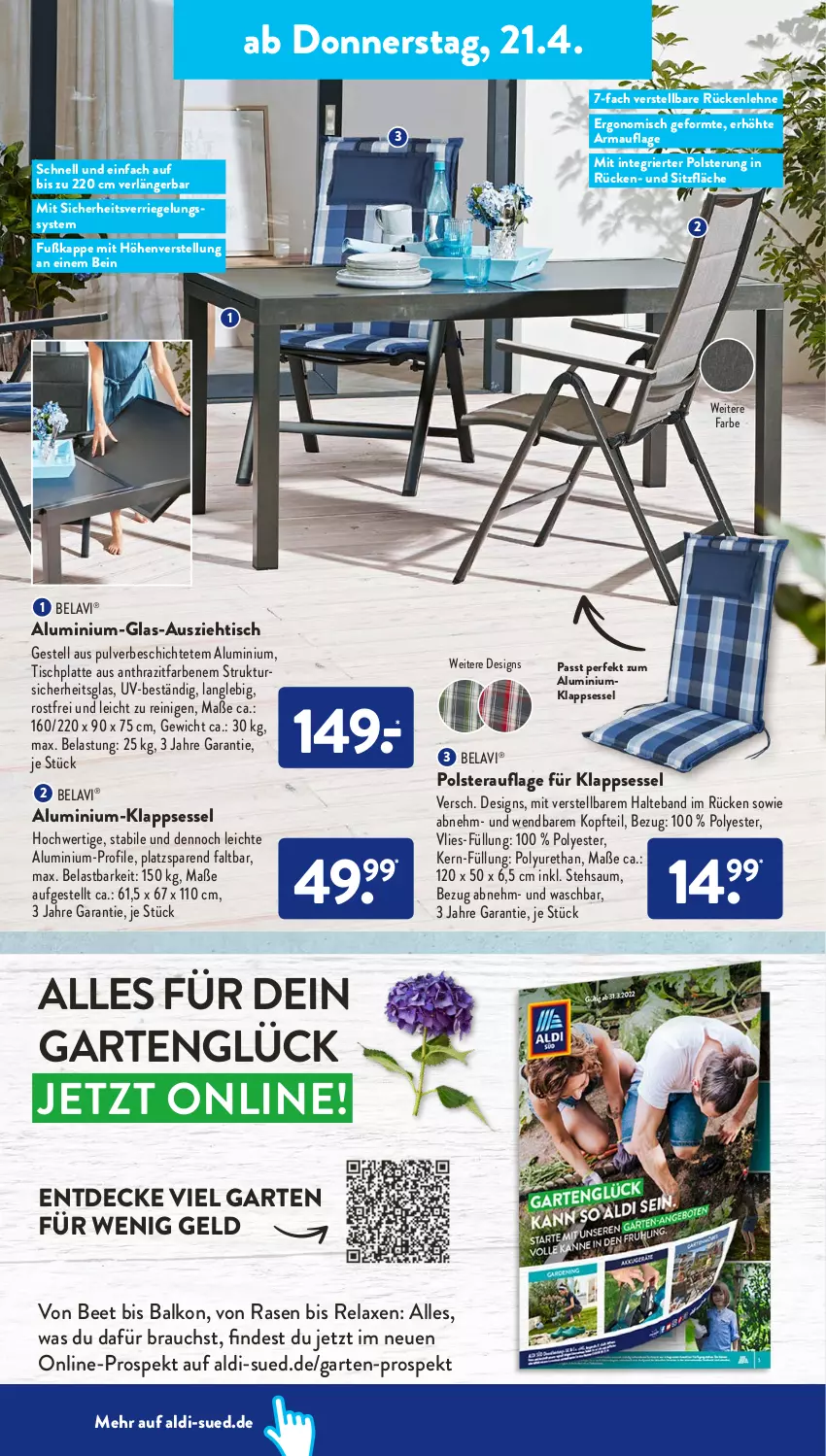 Aktueller Prospekt AldiSud - ALDI Aktuell - von 19.04 bis 23.04.2022 - strona 28 - produkty: aldi, axe, decke, Garten, HP, klappsessel, latte, rasen, Rauch, rel, riegel, rückenlehne, sessel, Ti, tisch, tischplatte