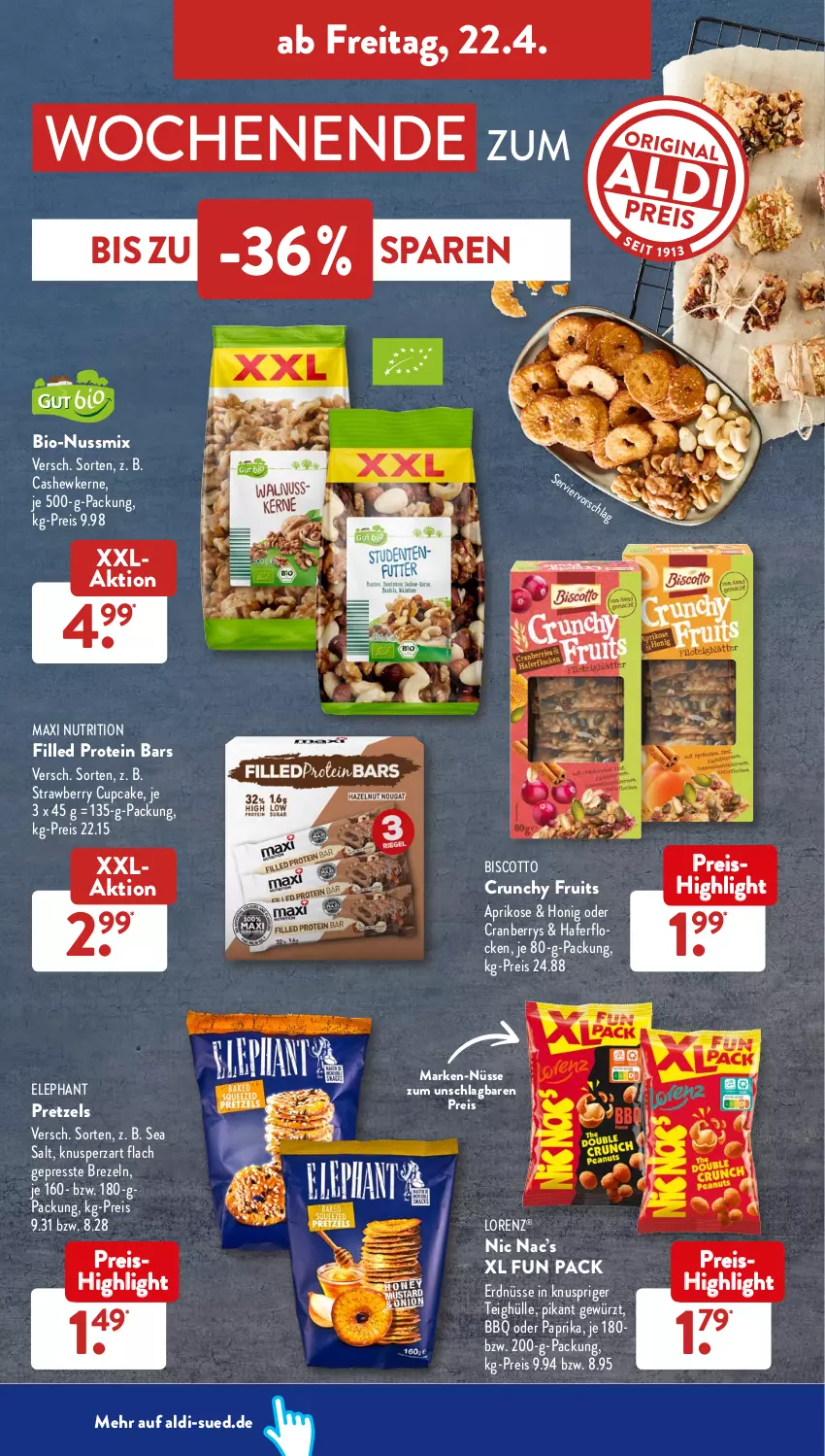 Aktueller Prospekt AldiSud - ALDI Aktuell - von 19.04 bis 23.04.2022 - strona 36 - produkty: aldi, aprikose, bio, biscotto, brezel, Brezeln, Cashew, cashewkerne, cranberry, eis, erdnüsse, gewürz, hafer, haferflocken, honig, lorenz, nuss, Nussmix, paprika, Pretzel, reis, Ti