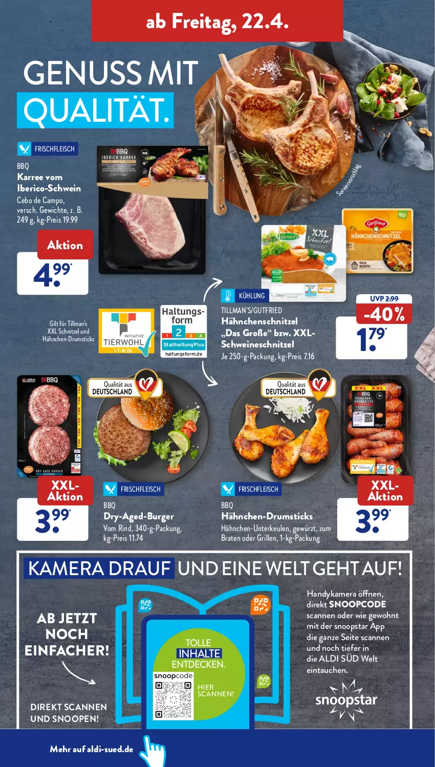 Aktueller Prospekt AldiSud - ALDI Aktuell - von 19.04 bis 23.04.2022 - strona 40 - produkty: aldi, braten, burger, decke, eis, fleisch, gewürz, grill, gutfried, Hähnchen-Unterkeulen, Hähnchenschnitzel, Handy, je 250-g-packung, kamera, nuss, reis, rind, rum, schnitzel, schwein, schweine, schweineschnitzel, Ti, wein, weine