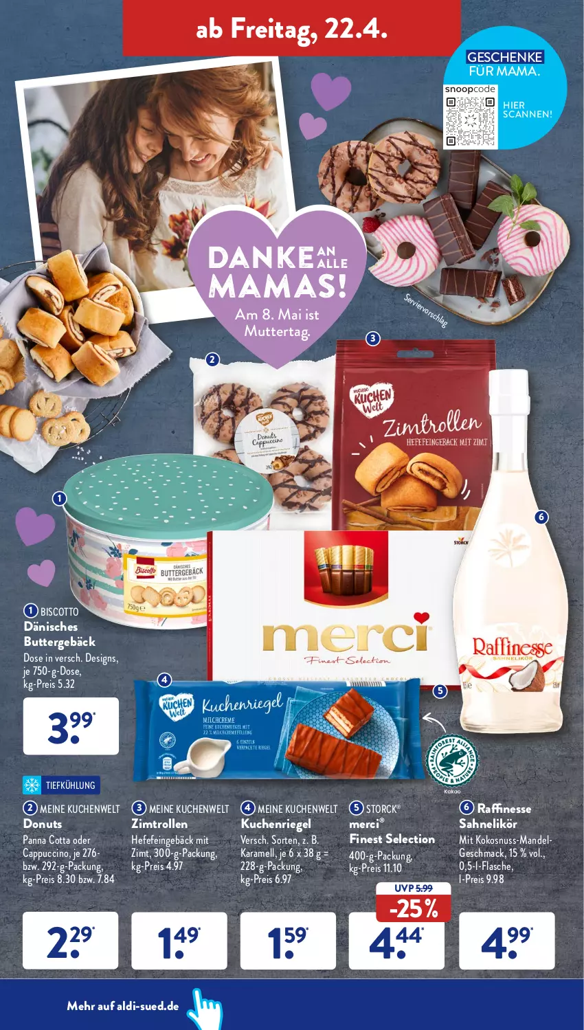 Aktueller Prospekt AldiSud - ALDI Aktuell - von 19.04 bis 23.04.2022 - strona 42 - produkty: aldi, biscotto, butter, Cap, cappuccino, cin, Donut, donuts, eis, finesse, flasche, Hefe, karamell, kokos, kokosnuss, kuchen, LG, likör, mac, mam, mandel, merci, nuss, oder cappuccino, panna cotta, reis, riegel, sahne, storck, Ti