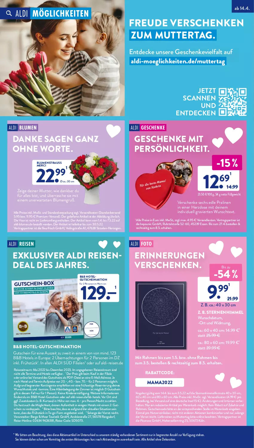 Aktueller Prospekt AldiSud - ALDI Aktuell - von 19.04 bis 23.04.2022 - strona 43 - produkty: aldi, alle artikel ohne dekoration, angebot, angebote, axe, blume, blumen, decke, dekoration, eis, elle, ente, erde, gin, gutschein, hero, K2, Kinder, korb, kurtaxe, LG, mam, merci, ndk, pralinen, reis, ring, rum, Ti, uhr, Vase, Yo, ZTE