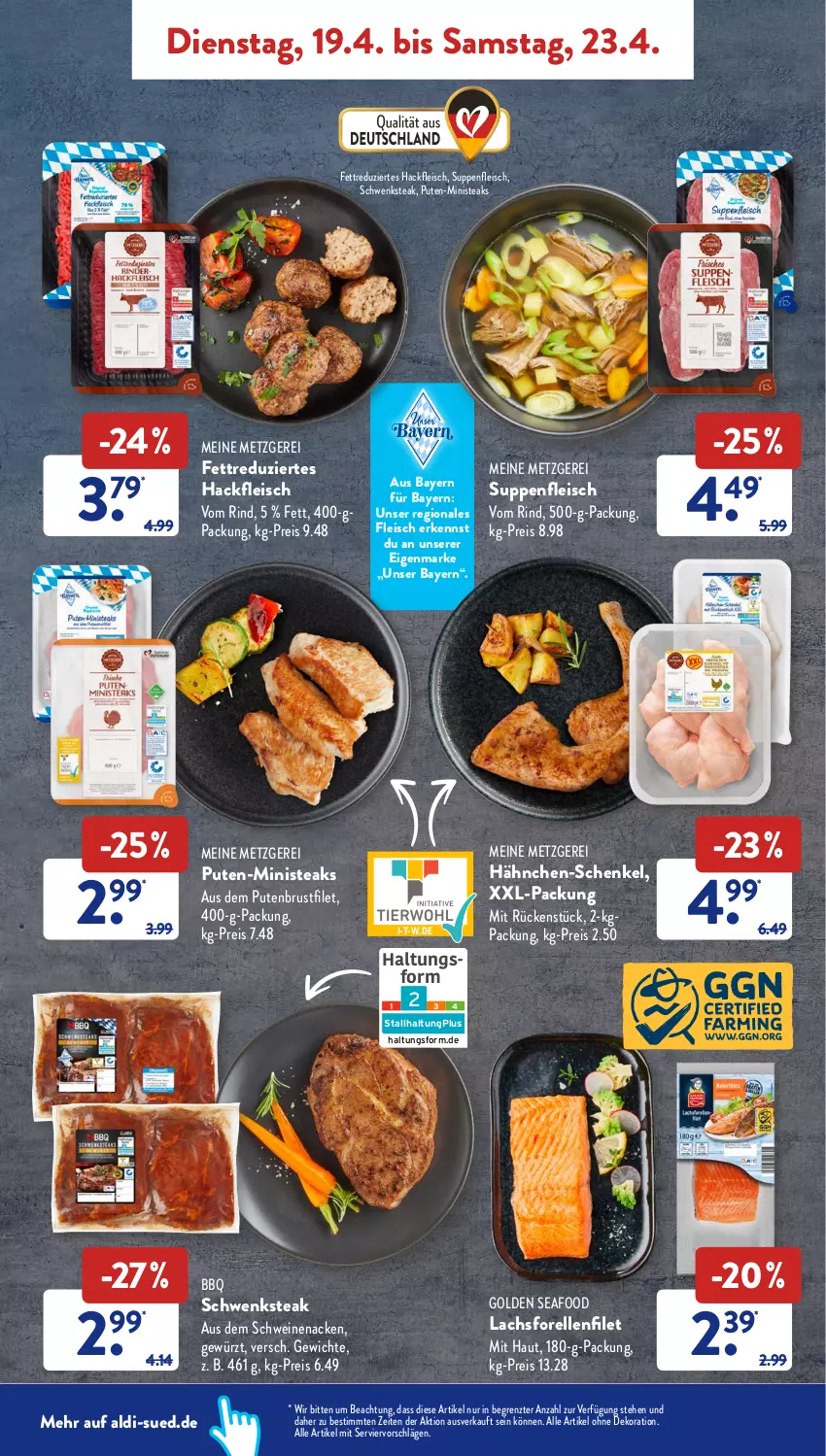 Aktueller Prospekt AldiSud - ALDI Aktuell - von 19.04 bis 23.04.2022 - strona 5 - produkty: aldi, alle artikel ohne dekoration, brustfilet, dekoration, eis, elle, filet, fleisch, forelle, gewürz, hackfleisch, hähnchen-schenkel, henkel, lachs, pute, putenbrust, putenbrustfilet, reis, rel, rind, schenkel, schwein, schweine, schweinenacken, steak, steaks, suppe, suppen, suppenfleisch, Ti, wein, weine, xxl-packung, ZTE