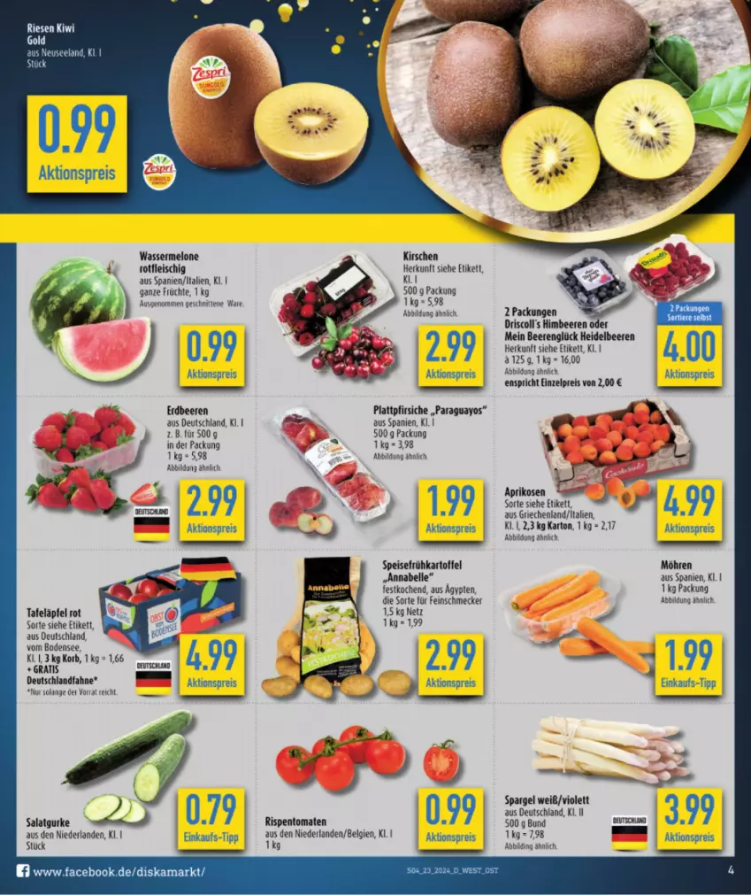 Aktueller Prospekt Diska - von 27.05 bis 01.06.2024 - strona 4 - produkty: aktionspreis, aprikose, aprikosen, beere, beeren, driscoll's, eis, Elan, elle, erdbeere, erdbeeren, feinschmecker, fleisch, früchte, gurke, heidelbeere, heidelbeeren, himbeer, himbeere, himbeeren, kartoffel, kirsch, kirsche, kirschen, kiwi, Kiwi Gold, korb, LG, melone, möhren, paraguayos, pfirsich, pfirsiche, plattpfirsiche, reis, rispentomaten, salat, Salatgurke, schnitten, spargel, tafeläpfel, Ti, Tiere, tomate, tomaten, wasser, wassermelone, Yo