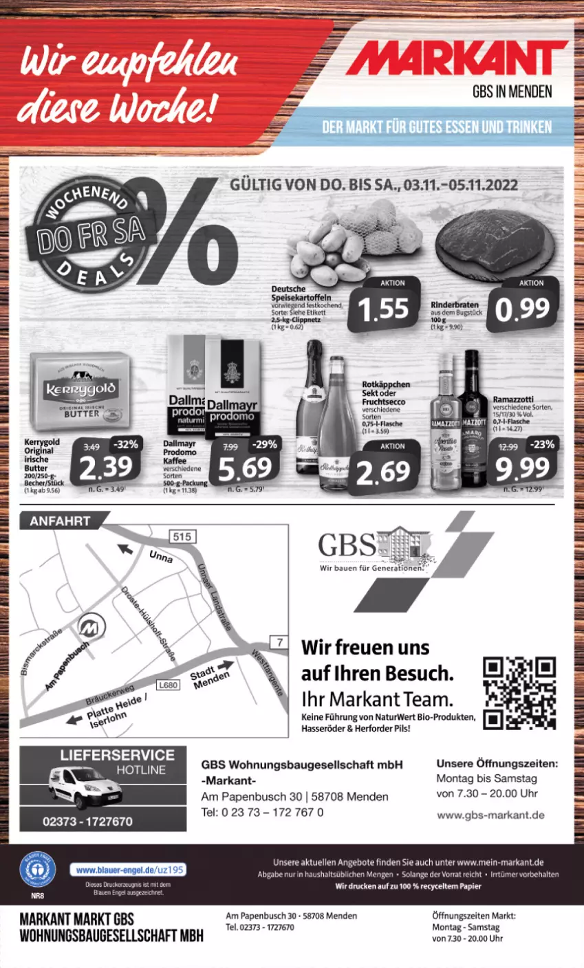 Aktueller Prospekt Markant - Prospekte - von 31.10 bis 05.11.2022 - strona 16 - produkty: angebot, angebote, Bau, Bebe, bio, braten, brot, butter, ecco, elle, erde, flasche, frucht, fruchtsecco, hasseröder, lieferservice, natur, pils, rama, ramazzott, ramazzotti, rind, rinder, rinderbraten, rwe, tee, Ti, uhr, zott