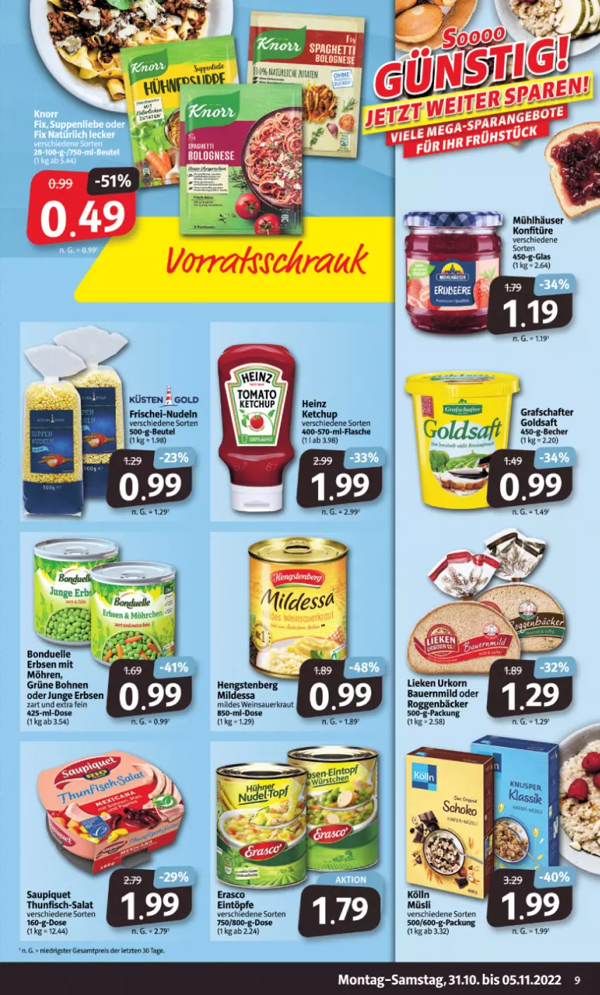 Aktueller Prospekt Markant - Prospekte - von 31.10 bis 05.11.2022 - strona 9 - produkty: auer, Bau, Bauer, bohne, bohnen, bonduelle, eintöpfe, eis, elle, erbsen, fisch, frischei-nudeln, grafschafter, grüne bohnen, HDD, heinz, hengstenberg, junge erbsen, ketchup, kölln, konfitüre, korn, Kraut, lieken, möhren, mühlhäuser, müsli, nudel, nudel-topf, nudeln, reis, saft, salat, Sauerkraut, saupiquet, suppe, suppen, thunfisch, topf, urkorn, wein, Weinsauerkraut, Yo, ZTE