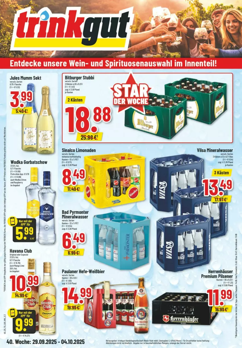Aktueller Prospekt Trinkgut - Prospekte - von 28.09 bis 04.10.2025 - strona 1 - produkty: Alwa, angebot, angebote, Bad, bier, bitburger, burger, eis, fisch, fische, flasche, gin, Gorbatschow, Havana Club, Hefe, K2, limo, limonade, limonaden, mineralwasser, monte, Paula, paulaner, payback, pils, pilsener, premium pils, reifen, reis, sinalco, Ti, vilsa, wasser, wodka, ZTE