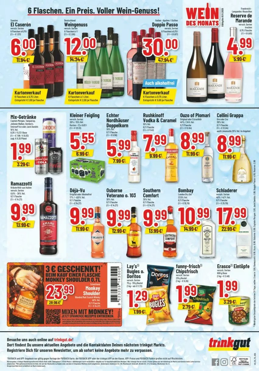 Aktueller Prospekt Trinkgut - Prospekte - von 28.09 bis 04.10.2025 - strona 10 - produkty: angebot, angebote, bugles, Cap, caramel, chips, chipsfrisch, doppelkorn, doppio passo, Doritos, eintöpfe, eis, elle, erasco, fisch, fische, flasche, funny-frisch, getränk, getränke, grappa, kleiner feigling, korn, leine, nuss, osborne, ouzo, passo, payback, rama, ramazzott, ramazzotti, reifen, reis, ring, Schladerer, Ti, veterano, vodka, wein, zott, ZTE
