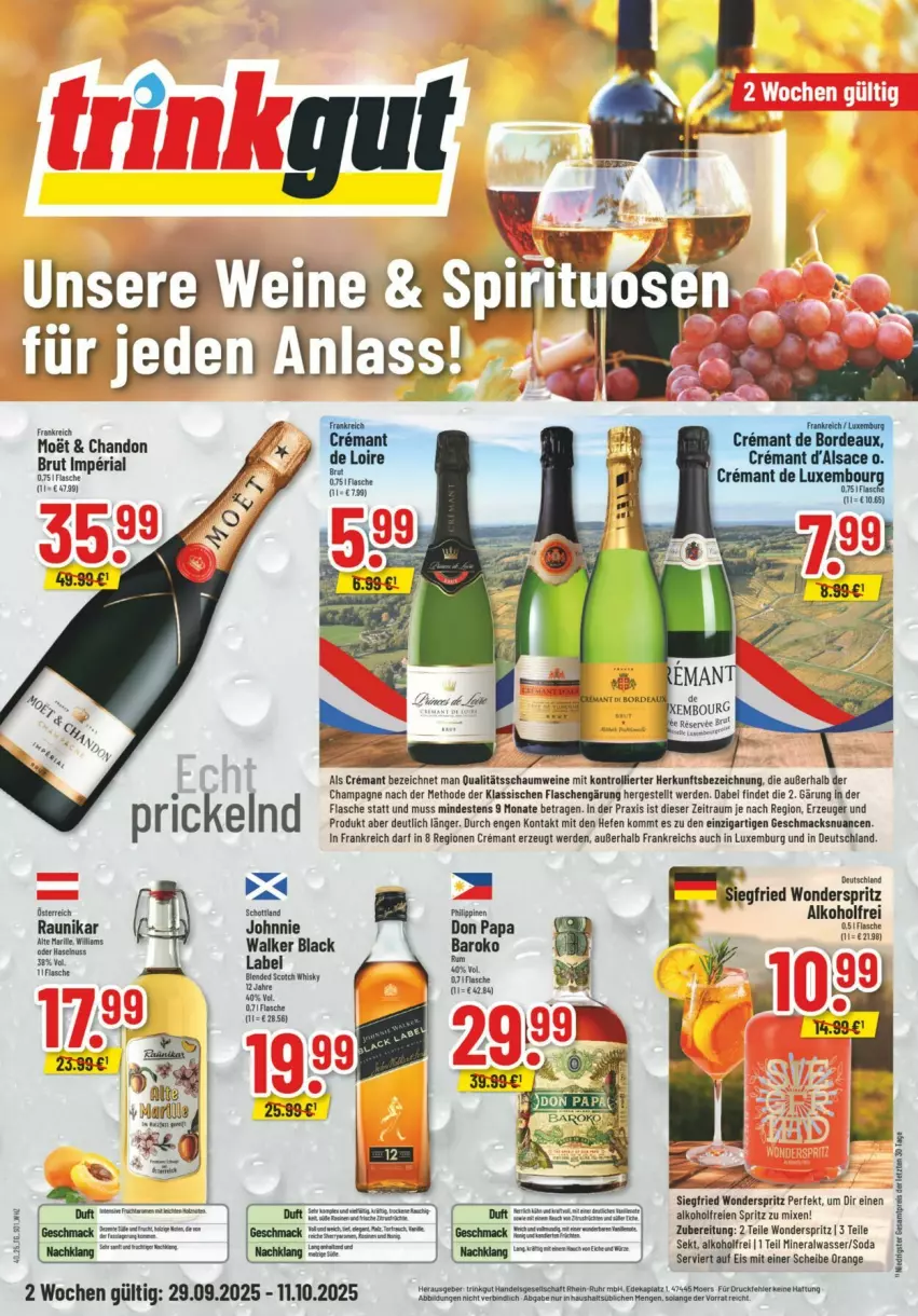 Aktueller Prospekt Trinkgut - Prospekte - von 28.09 bis 04.10.2025 - strona 4 - produkty: alkohol, Alwa, blended scotch, blended scotch whisky, brut, champagne, eier, eis, erde, flasche, Hefe, lack, mac, mineralwasser, Nuance, orange, reis, Ria, scotch, scotch whisky, sekt, Soda, tee, Ti, trolli, wasser, wein, weine, whisky, ZTE
