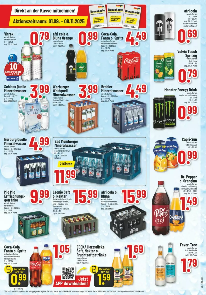 Aktueller Prospekt Trinkgut - Prospekte - von 28.09 bis 04.10.2025 - strona 9 - produkty: Afri Cola, Alwa, angebot, angebote, apfel, auer, Bad, Berger, burger, Cap, capri-sun, coca-cola, cola, deka, drink, eis, elle, energy drink, fanta, fever-tree, frico, frucht, fruchtsaft, fruchtsaftgetränk, getränk, getränke, gin, kirsch, mineralwasser, Mio Mio, monster, Monster Energy, Nektar, orange, orangina, payback, reifen, reis, Ricola, saft, sprite, tee, Ti, tomate, tomaten, Tomatensaft, trauben, vita, vitrex, volvic, wasser, zucker