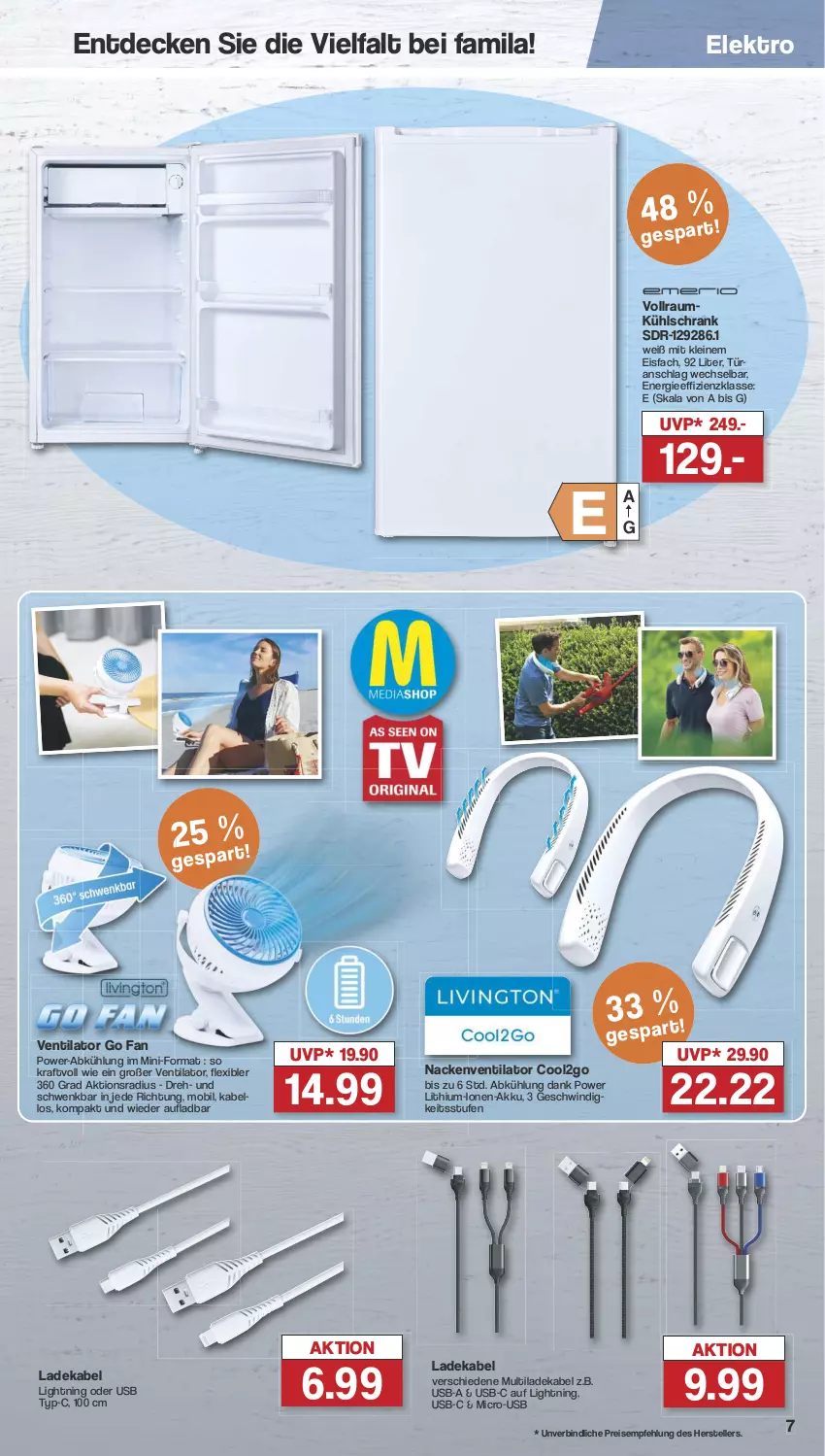 Aktueller Prospekt Famila - Prospekte - von 27.05 bis 01.06.2024 - strona 7 - produkty: akku, decke, deka, eis, Elektro, elle, kraft, kühlschrank, ladekabel, leine, reis, Schrank, teller, Ti, türanschlag wechselbar, usb, ventilator