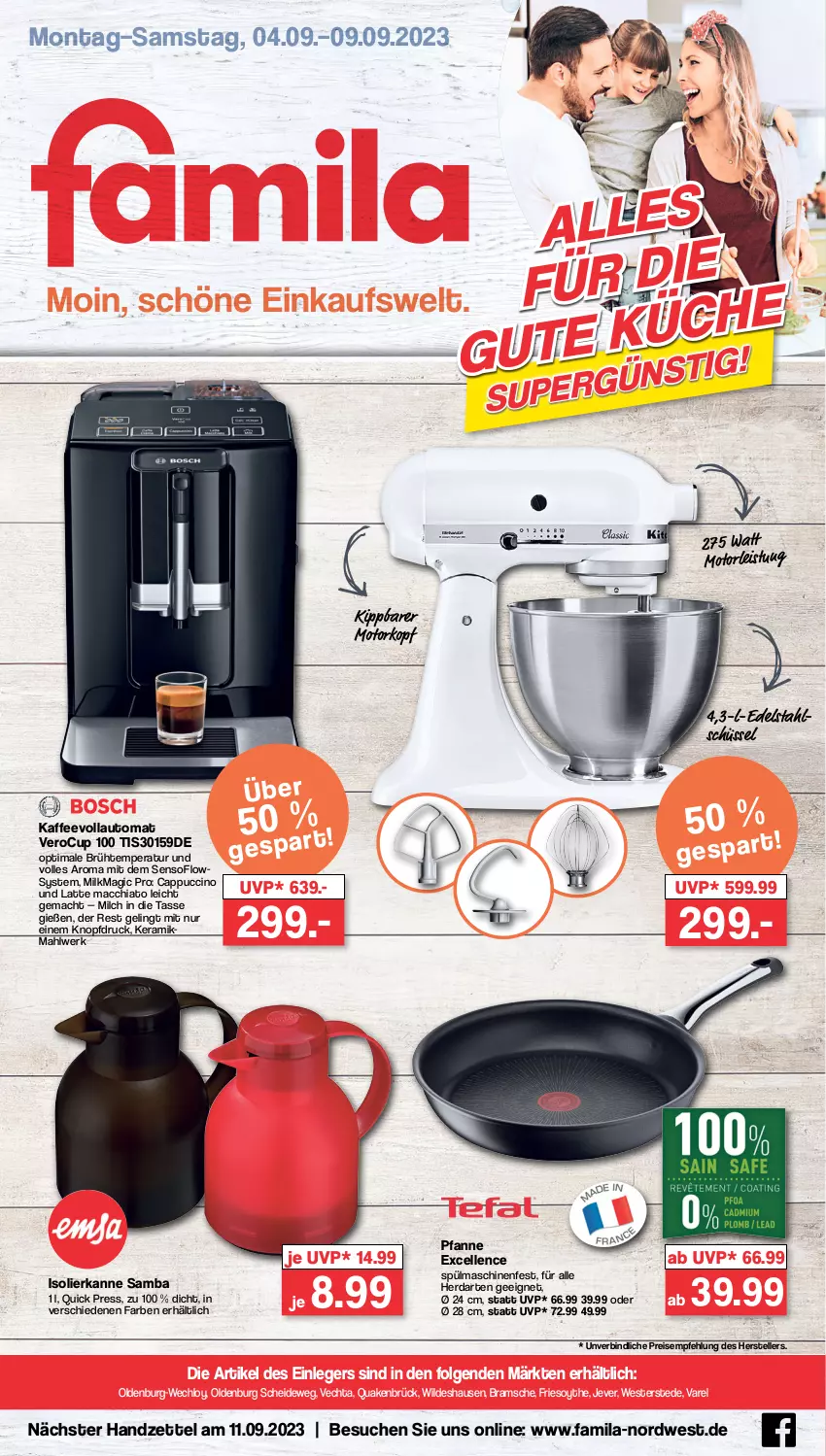 Aktueller Prospekt Famila - Prospekte - von 04.09 bis 09.09.2023 - strona 1 - produkty: ACC, auto, Cap, cappuccino, chia, cin, edelstahl, eis, elle, herdarten, isolierkanne, jever, kaffee, kaffeevollautomat, latte, latte macchiato, LG, mac, macchiato, milch, pfanne, reis, rel, schüssel, spülmaschinen, tasse, teller, Ti, Weste, Wild