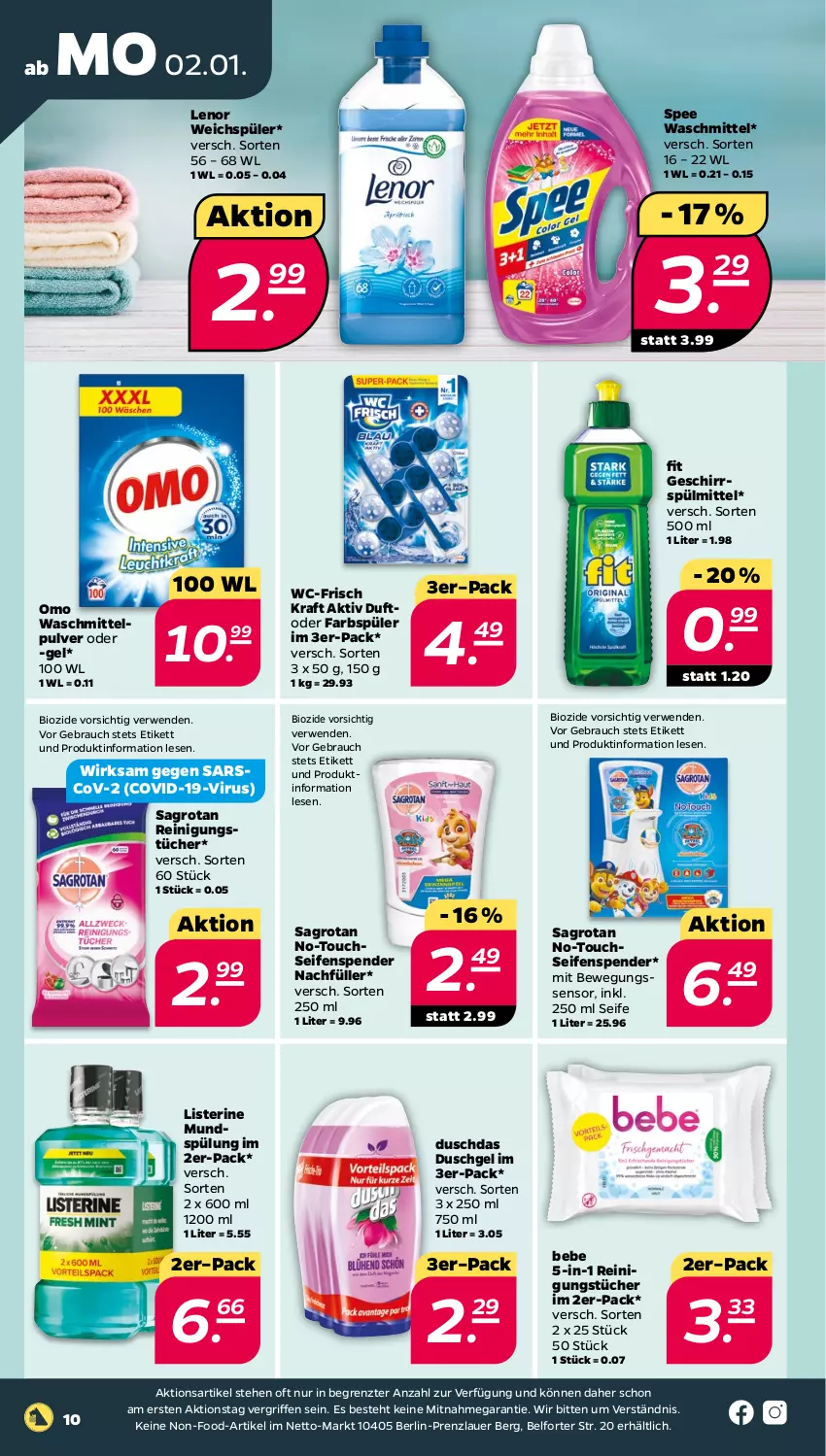 Aktueller Prospekt Netto - Woche 1 - von 02.01 bis 07.01.2023 - strona 10 - produkty: auer, Bebe, Bewegungssensor, bio, duschdas, duschgel, geschirr, geschirrspülmittel, kraft, lenor, lenor weichspüler, listerine, mundspülung, Rauch, Reinigung, reinigungstücher, rwe, sagrotan, Seife, seifenspender, spee, spülmittel, spülung, Ti, tücher, waschmittel, weichspüler, ZTE