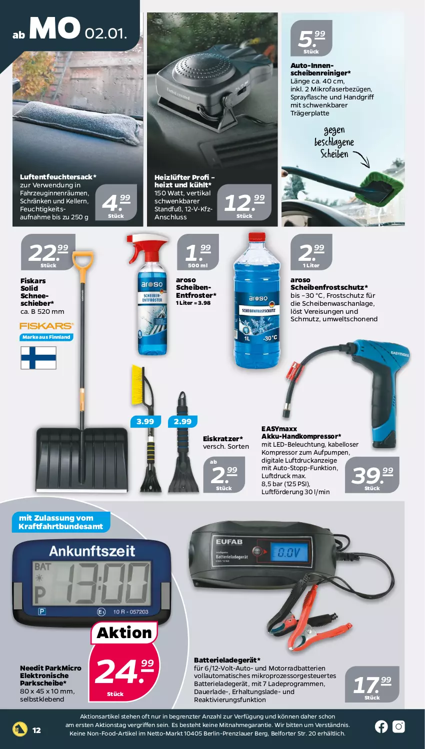 Aktueller Prospekt Netto - Woche 1 - von 02.01 bis 07.01.2023 - strona 12 - produkty: akku, auer, auto, batterie, batterien, beleuchtung, easymaxx, eis, Eiskratzer, Elektro, elle, fiskars, flasche, gin, kompressor, kraft, ladegerät, latte, led-beleuchtung, Luftentfeuchter, mikrofaser, mit led-beleuchtung, ndk, reiniger, reis, rwe, sac, Scheibenfrostschutz, Scheibenreiniger, Ti, tisch, ZTE