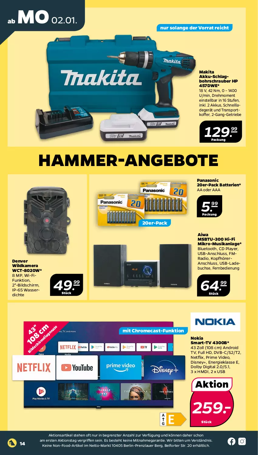 Aktueller Prospekt Netto - Woche 1 - von 02.01 bis 07.01.2023 - strona 14 - produkty: akku, Akku-Schlagbohrschrauber, Android TV, angebot, angebote, auer, batterie, batterien, Bohrschrauber, buch, CD player, deo, disney, dvb, fernbedienung, HP, kamera, koffer, kopfhörer, ladegerät, Makita, netflix, nokia, panasonic, Radio, schnellladegerät, Sport, Ti, usb, wasser, Wild, Wildkamera, ZTE