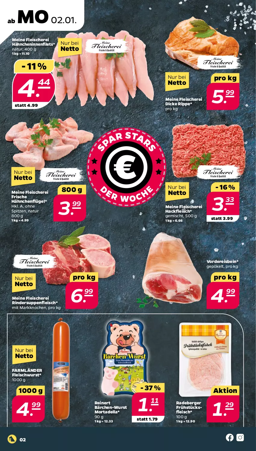 Aktueller Prospekt Netto - Woche 1 - von 02.01 bis 07.01.2023 - strona 2 - produkty: Berger, dell, eis, filet, filets, fleisch, Fleischerei, fleischwurst, Frische Hähnchen, frühstücksfleisch, hackfleisch, hähnchenflügel, mortadella, natur, radeberger, reinert, reis, rind, rinder, Schere, suppe, suppen, suppenfleisch, Ti, wurst