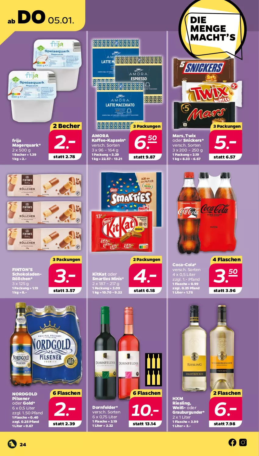 Aktueller Prospekt Netto - Woche 1 - von 02.01 bis 07.01.2023 - strona 24 - produkty: Becher, burgunder, coca-cola, cola, dornfelder, flasche, grauburgunder, kaffee, kaffee-kapseln, kitkat, mars, pils, pilsener, quark, riesling, schoko, schokolade, schokoladen, smarties, snickers, Ti, twix