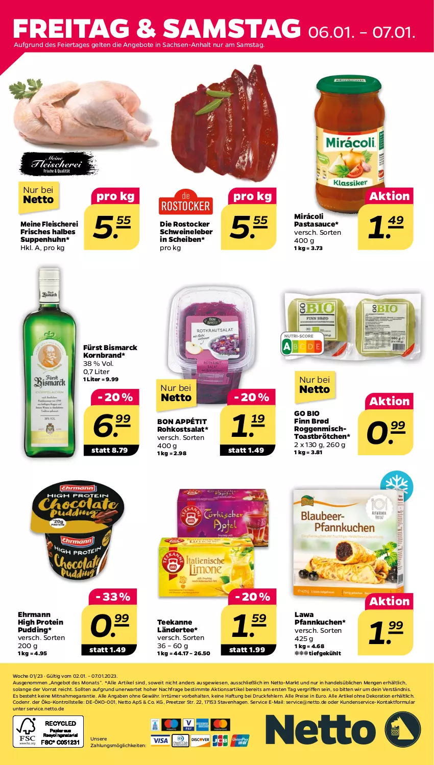 Aktueller Prospekt Netto - Woche 1 - von 02.01 bis 07.01.2023 - strona 28 - produkty: alle artikel ohne dekoration, angebot, angebote, bio, bismarck, brötchen, dekoration, ehrmann, eier, eis, elle, fleisch, Fleischerei, korn, kuchen, Ländertee, Mirácoli, pasta, Pfannkuchen, pudding, reis, Rostocker, sac, salat, sauce, Schere, schwein, schweine, Schweineleber, suppe, suppen, Suppenhuhn, tee, teekanne, Ti, toast, wein, weine