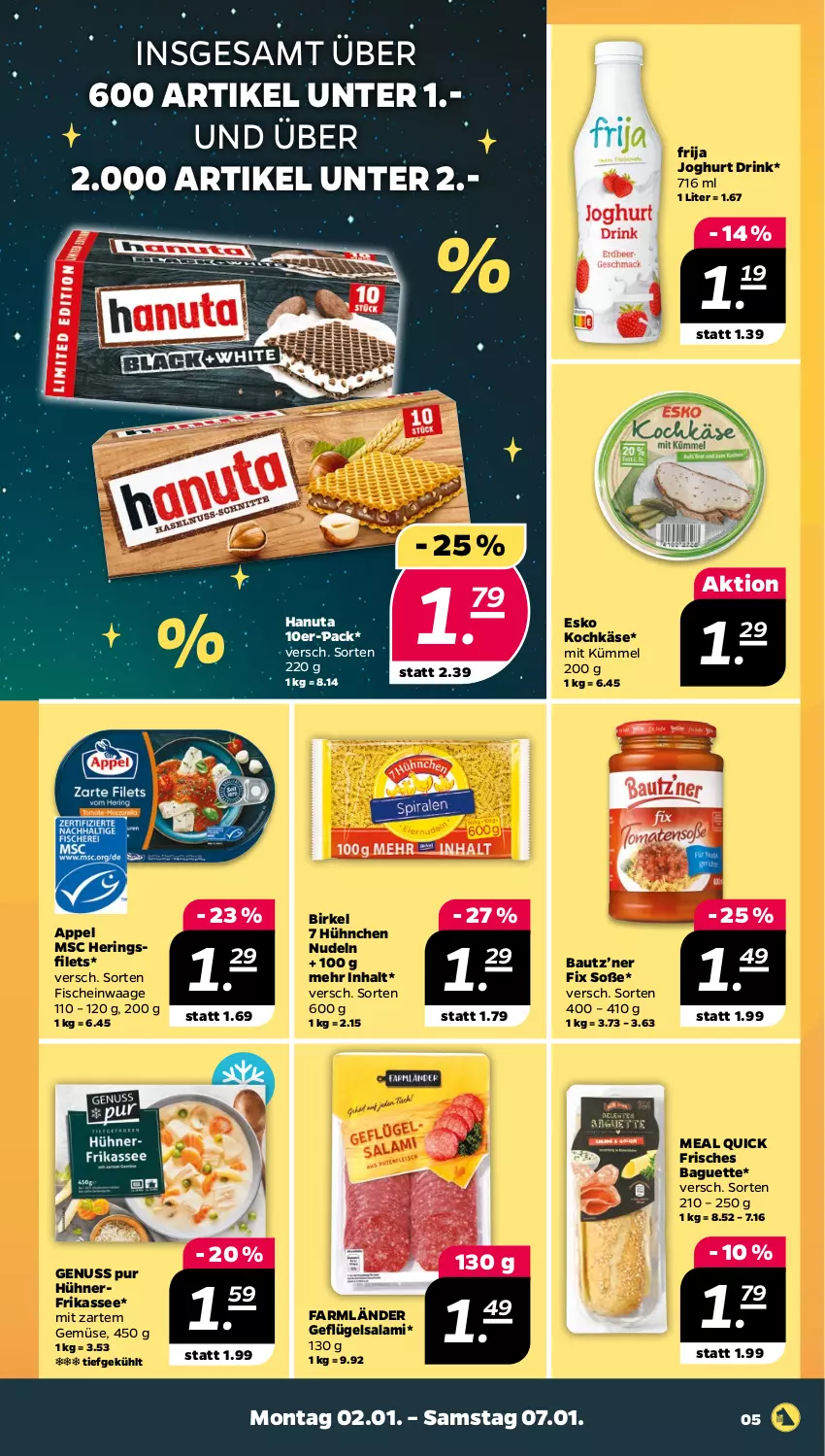 Aktueller Prospekt Netto - Woche 1 - von 02.01 bis 07.01.2023 - strona 5 - produkty: baguette, Bau, birkel, drink, filet, filets, fisch, fische, Geflügel, hanuta, hering, Herings, heringsfilets, hühner, joghur, joghurt, Käse, nerf, nudel, nudeln, nuss, ring, salami, Soße, Ti, Waage