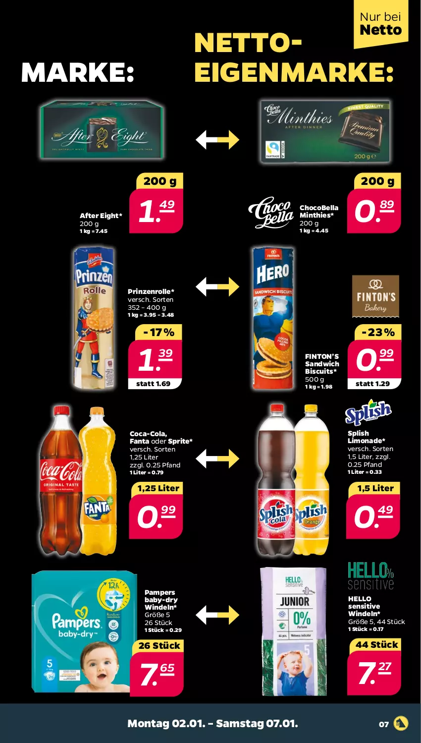 Aktueller Prospekt Netto - Woche 1 - von 02.01 bis 07.01.2023 - strona 7 - produkty: after eight, baby-dry, coca-cola, cola, fanta, fanta oder, fanta oder sprite, limo, limonade, mint, oder sprite, pampers, prinzenrolle, sandwich, sprite, Ti, windeln