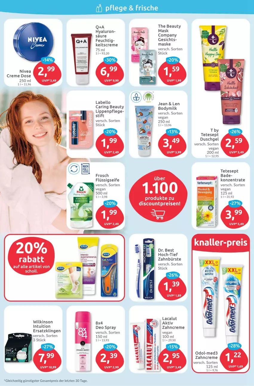 Aktueller Prospekt Budni - Prospekte - von 09.01 bis 14.01.2023 - strona 2 - produkty: Bad, body, body milk, Bodymilk, bürste, creme, deo, deo spray, discount, Dr. Best, duschgel, eier, eis, fleisch, flüssigseife, Frosch, hyaluron, Labello, Lacalut, Lippenpflege, Maske, nivea, Odol, reis, ring, Seife, Ti, wilkinson, zahnbürste, zahncreme, ZTE