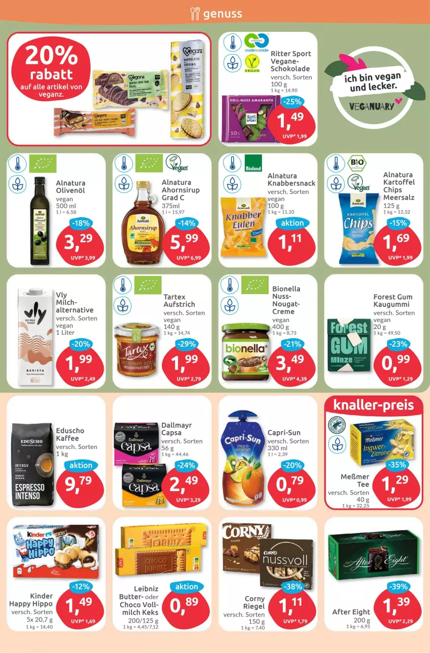 Aktueller Prospekt Budni - Prospekte - von 09.01 bis 14.01.2023 - strona 6 - produkty: after eight, aufstrich, bio, butter, Cap, capri-sun, chips, corny, creme, dallmayr, dallmayr capsa, eduscho, elle, gin, hipp, intenso, kaffee, kartoffel, kaugummi, keks, Kinder, KnabberSnack, leibniz, meersalz, Meßmer, milch, natur, natura, nuss, olive, oliven, olivenöl, riegel, ritter, ritter sport, salz, schoko, schokolade, sirup, snack, Sport, tee, Ti