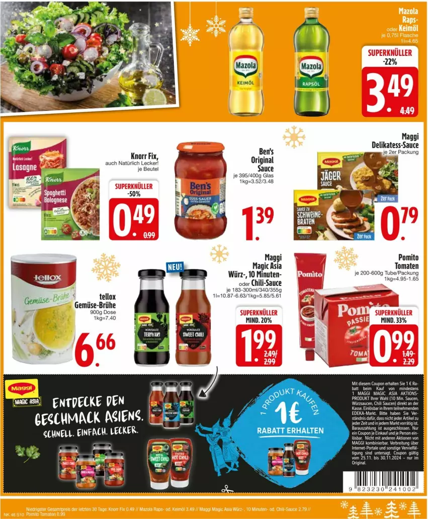 Aktueller Prospekt Edeka - Prospekte - von 25.11 bis 30.11.2024 - strona 12 - produkty: beutel, Brühe, chili, coupon, gin, keimöl, knorr, knorr fix, maggi, mazola, pomito, sauce, saucen, Ti, tomate, tomaten