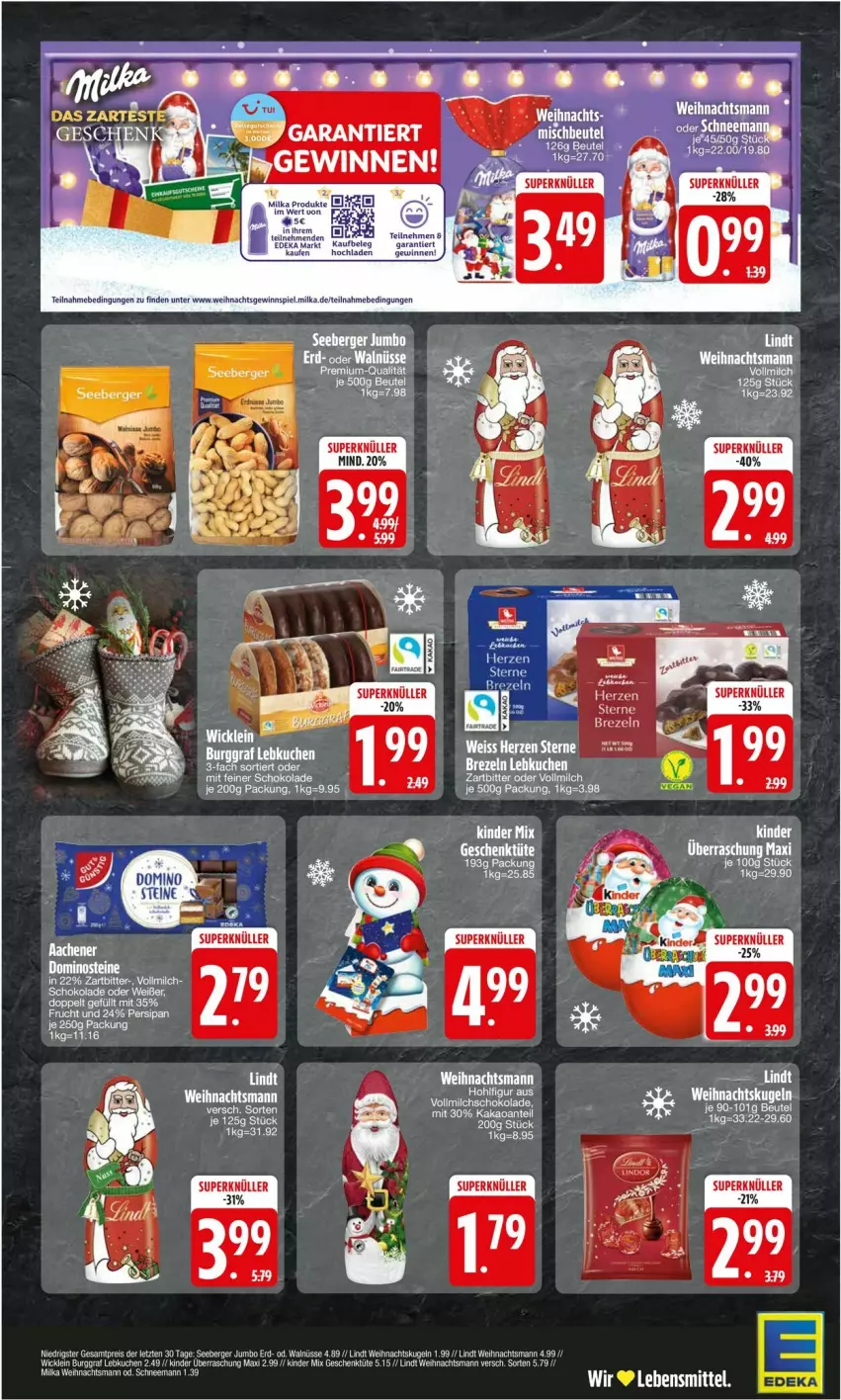 Aktueller Prospekt Edeka - Prospekte - von 25.11 bis 30.11.2024 - strona 2 - produkty: Berger, brezel, Brezeln, deka, eier, eis, jumbo, kakao, Kinder, kuchen, Kugel, Lebkuchen, lindt, milka, reis, seeberger, Ti, Tüte, Weihnachtskugeln, WICK, ZTE