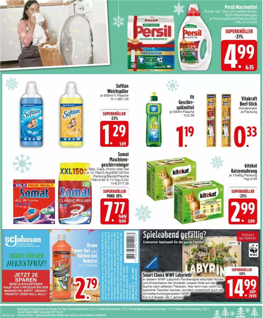 Aktueller Prospekt Edeka - Prospekte - von 25.11 bis 30.11.2024 - strona 24 - produkty: beef, beutel, Cap, ente, erde, Familienspiel, flasche, geschirr, hundesnack, katzennahrung, Kinder, kitekat, kraft, Pronto, reiniger, snack, Softlan, somat, Spiele, spülmittel, tee, Ti, vita, vitakraft, weichspüler