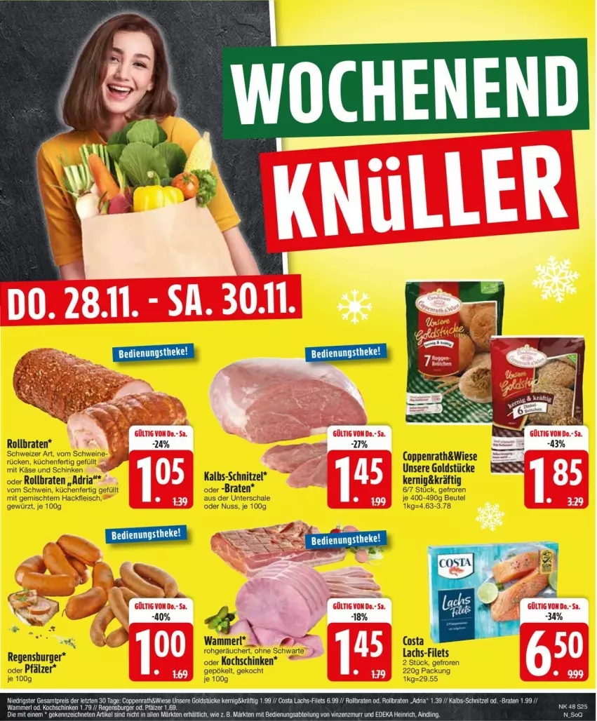 Aktueller Prospekt Edeka - Prospekte - von 25.11 bis 30.11.2024 - strona 27 - produkty: Abtei, beutel, braten, burger, coppenrath, deka, eis, filet, filets, fleisch, gewürz, Goldstücke, hackfleisch, Käse, kochschinken, küche, Küchen, lachs, nuss, regensburger, Ria, rollbraten, Schal, Schale, schinken, schnitzel, schwein, schweine, Ti, wein, weine