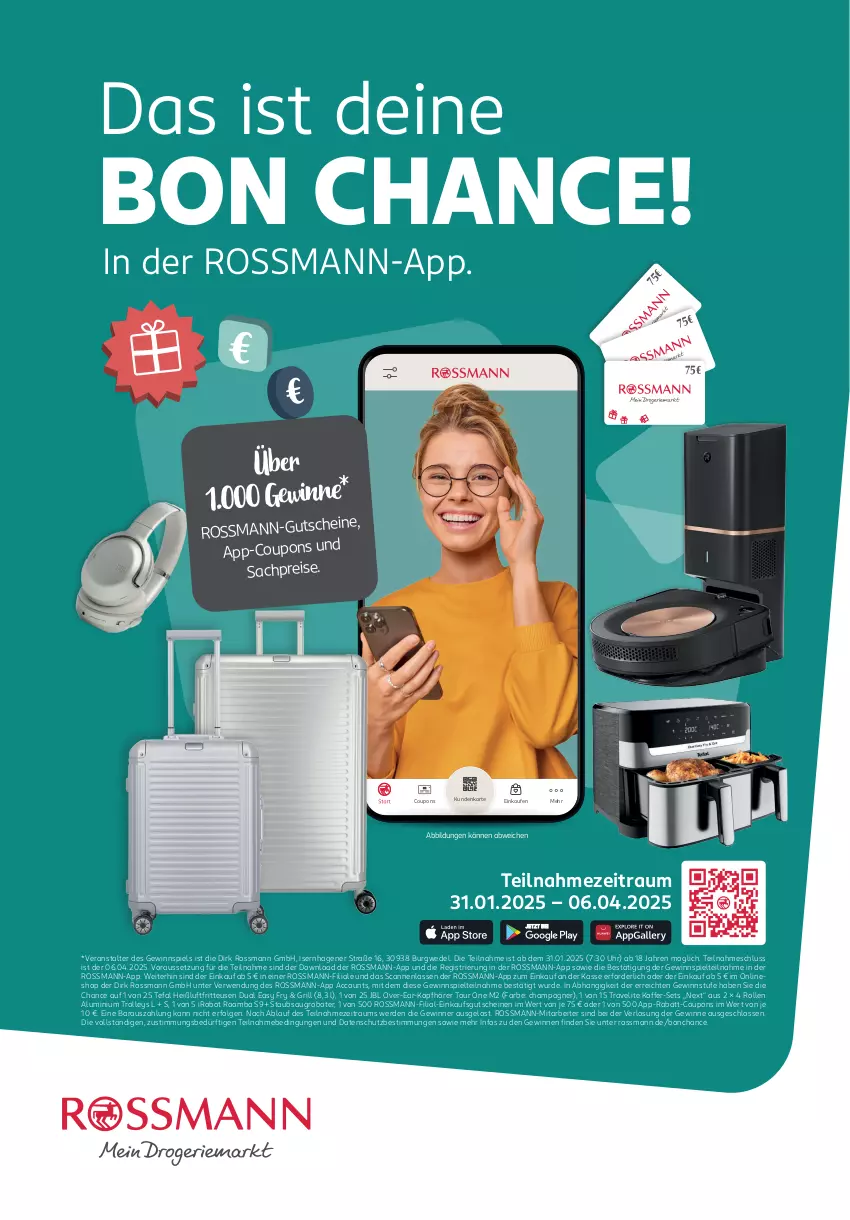 Aktueller Prospekt Rossmann - Prospekte - von 31.01 bis 06.04.2025 - strona 15 - produkty: ACC, champagne, champagner, coupon, coupons, eis, erde, fritteuse, gewinnspiel, grill, gutschein, gutscheine, Heißluftfritteuse, HP, IRobot, jbl, koffer, kopfhörer, LG, rabatt-coupon, reis, Roomba, rwe, sac, Saugroboter, tefal, Ti, trolley, uhr, wedel