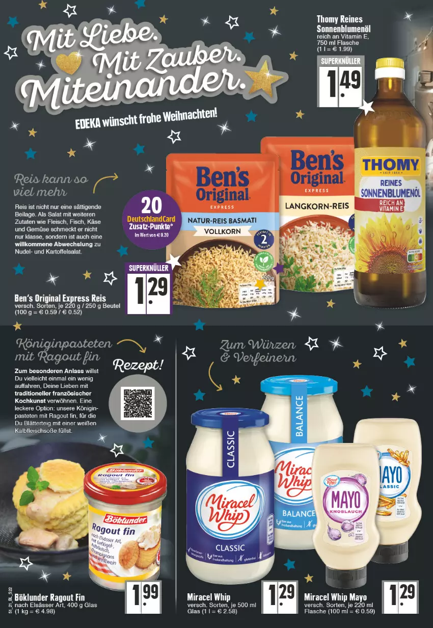 Aktueller Prospekt E Center - Angebote der Woche - von 20.12 bis 25.12.2021 - strona 22 - produkty: basmati, Ben’s Original, beutel, blätterteig, blume, blumen, blumenöl, eis, elle, elsässer art, fisch, flasche, fleisch, gin, ilag, kartoffel, kartoffelsalat, Käse, korn, miracel, miracel whip, natur, natur-reis, nudel, pastete, Ragout, reis, rezept, salat, sonnenblume, sonnenblumen, sonnenblumenöl, Ti, uhr, und gemüse, vita, Yo