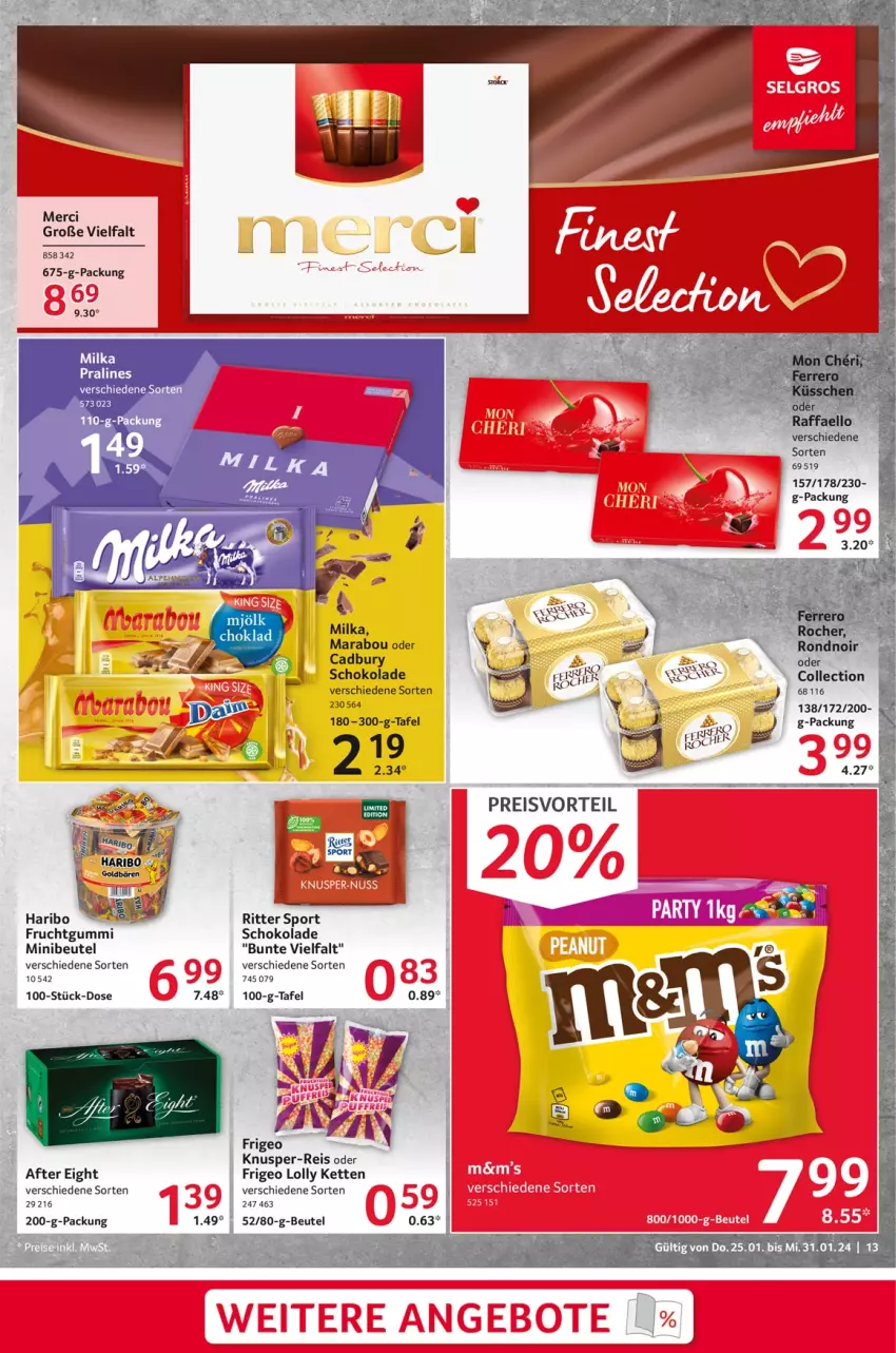 Aktueller Prospekt Selgros - Food - von 25.01 bis 31.01.2024 - strona 13 - produkty: after eight, beutel, eis, frucht, fruchtgummi, Kette, Marabou, merci, milka, mjölk, reis, ritter, ritter sport, schoko, schokolade, Sport, Ti