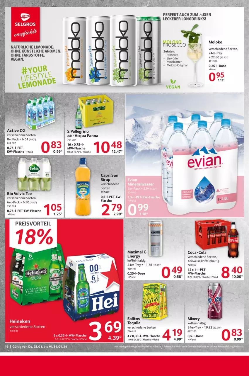 Aktueller Prospekt Selgros - Food - von 25.01 bis 31.01.2024 - strona 16 - produkty: bio, Cap, coca-cola, cola, drink, drinks, ecco, eis, elle, flasche, gin, heineken, LG, limo, limonade, Mixer, mixery, mw-flasche, natur, natura, preisvorteil, prosecco, reis, sirup, tee, tequila, Ti, volvic