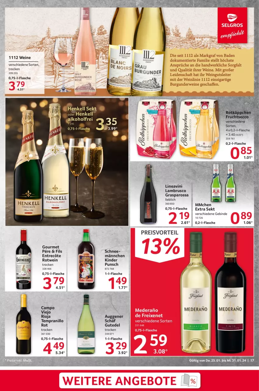 Aktueller Prospekt Selgros - Food - von 25.01 bis 31.01.2024 - strona 17 - produkty: Bad, burgunder, campo viejo, eis, flasche, henkel, henkell, jbl, Kinder, Lambrusco, preisvorteil, reis, rioja, rotwein, rwe, sekt, tempranillo, Ti, uhr, wein, weine