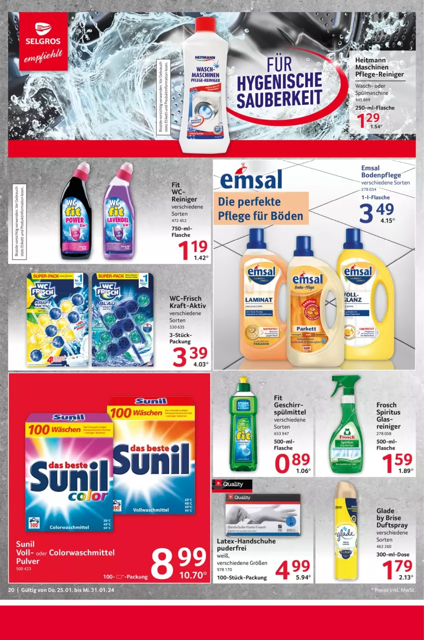 Aktueller Prospekt Selgros - Food - von 25.01 bis 31.01.2024 - strona 20 - produkty: bio, colorwaschmittel, Duftspray, emsa, flasche, Frosch, geschirr, Glade, handschuhe, heitmann, kraft, laminat, mam, Rauch, reiniger, rwe, schuhe, spiritus, spülmittel, Ti, vollwaschmittel, waschmittel