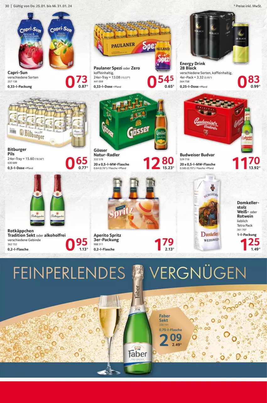 Aktueller Prospekt Selgros - Food - von 25.01 bis 31.01.2024 - strona 30 - produkty: alkohol, bitburger, bitburger pils, budweiser, burger, Cap, capri-sun, drink, eis, elle, energy drink, flasche, gösser, lack, LG, mw-flasche, natur, Paula, paulaner, pils, radler, reis, rotkäppchen, rotwein, sekt, Spezi, Ti, wein