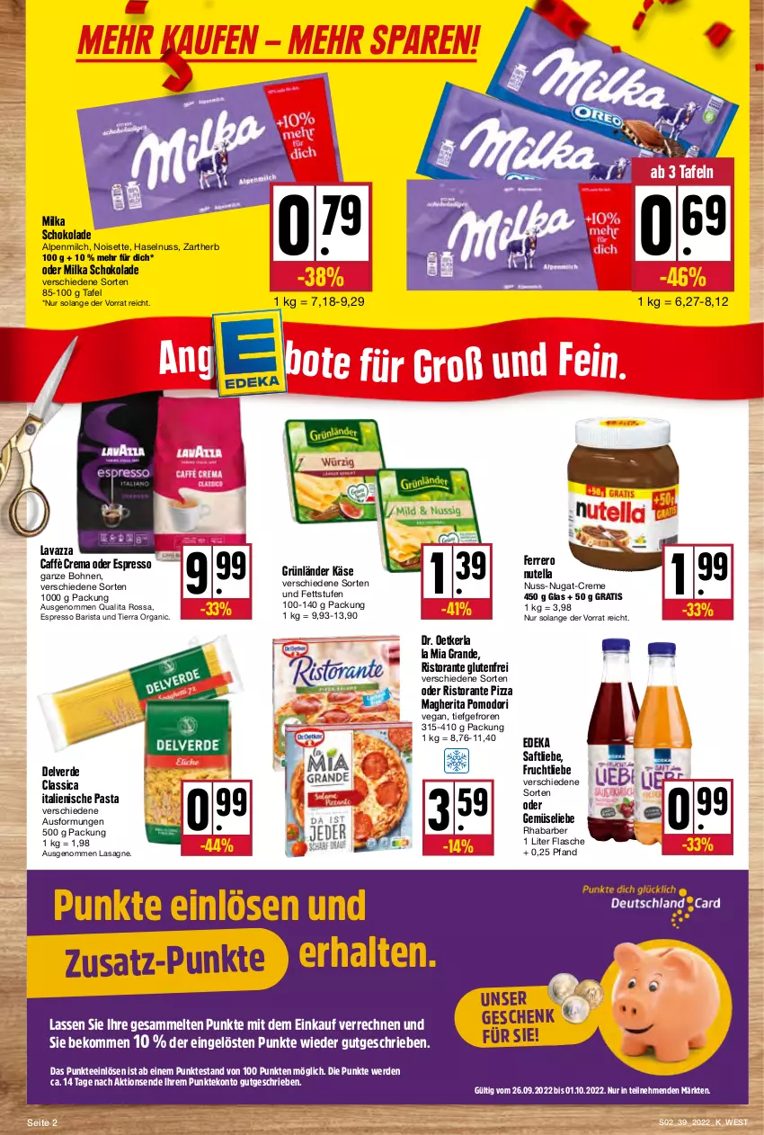 Aktueller Prospekt Kupsch - Angebote der Woche - von 26.09 bis 01.10.2022 - strona 2 - produkty: alpenmilch, beko, bohne, bohnen, caffè crema, creme, deka, Dr. Oetker, erde, espresso, ferrero, flasche, frucht, grünländer, haselnuss, italienische pasta, Käse, lasagne, lavazza, milch, milka, milka schokolade, nuss, nuss-nugat-creme, nutella, oder espresso, pasta, pizza, rhabarber, ristorante, ristorante pizza, saft, schoko, schokolade, tee, Ti