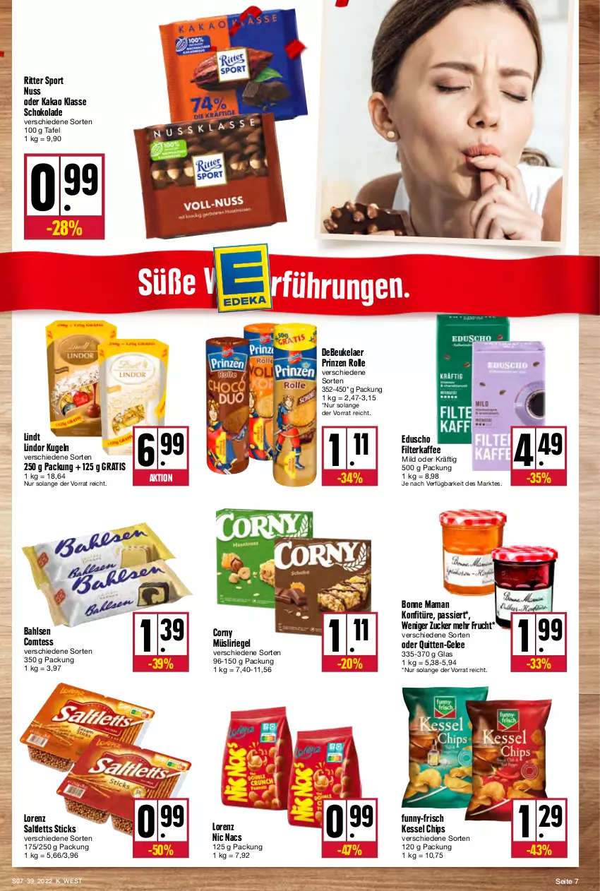 Aktueller Prospekt Kupsch - Angebote der Woche - von 26.09 bis 01.10.2022 - strona 7 - produkty: bahlsen, bonne maman, chips, comtess, corny, debeukelaer, eduscho, filterkaffee, frucht, funny-frisch, gelee, kaffee, kakao, konfitüre, Kugel, lindor, lindt, lorenz, mam, müsli, Müsliriegel, nuss, prinzen rolle, riegel, ritter, ritter sport, saltletts, schoko, schokolade, Sport, Ti, zucker