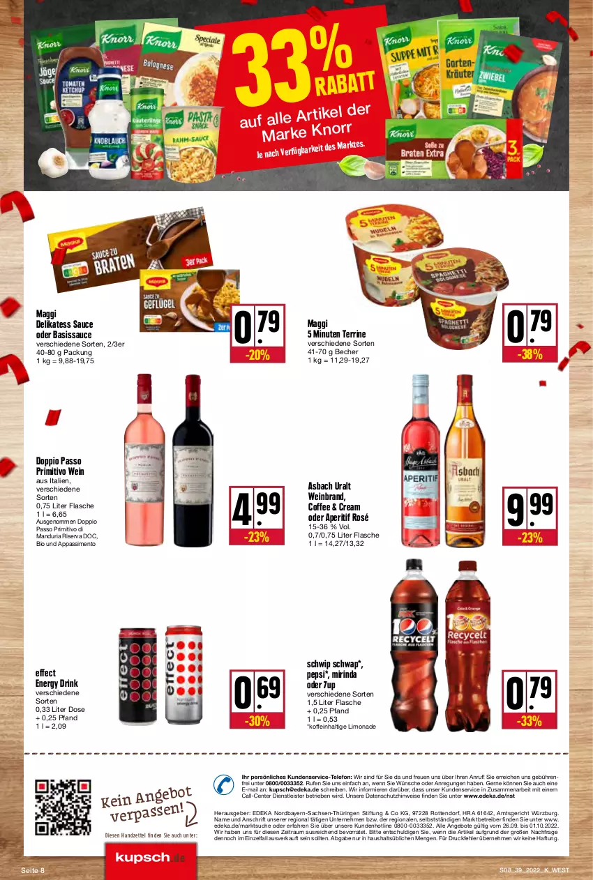 Aktueller Prospekt Kupsch - Angebote der Woche - von 26.09 bis 01.10.2022 - strona 8 - produkty: 7UP, angebot, angebote, aperitif, asbach uralt, Astra, Becher, bio, deka, delikatess sauce, doppio passo, drink, Effect, eis, energy drink, ente, flasche, limo, limonade, maggi, Mirinda, passo, pepsi, primitivo, Rauch, Ria, rind, ring, riserva, sac, sauce, Schwip Schwap, sim, telefon, terrine, Ti, wein, weinbrand