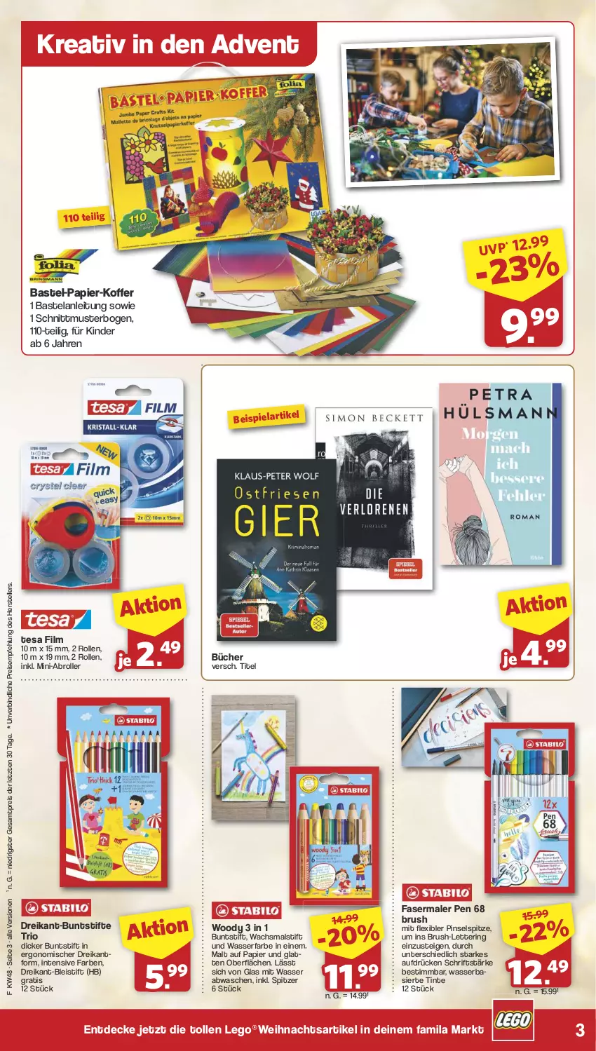 Aktueller Prospekt Famila - Prospekte - von 25.11 bis 30.11.2024 - strona 3 - produkty: Bleistift, buntstifte, decke, eis, Elan, elle, fasermaler, Kinder, koffer, latte, LEGO®, papier, Pinsel, reis, ring, Roller, stifte, teller, tesa, Ti, wasser, ZTE