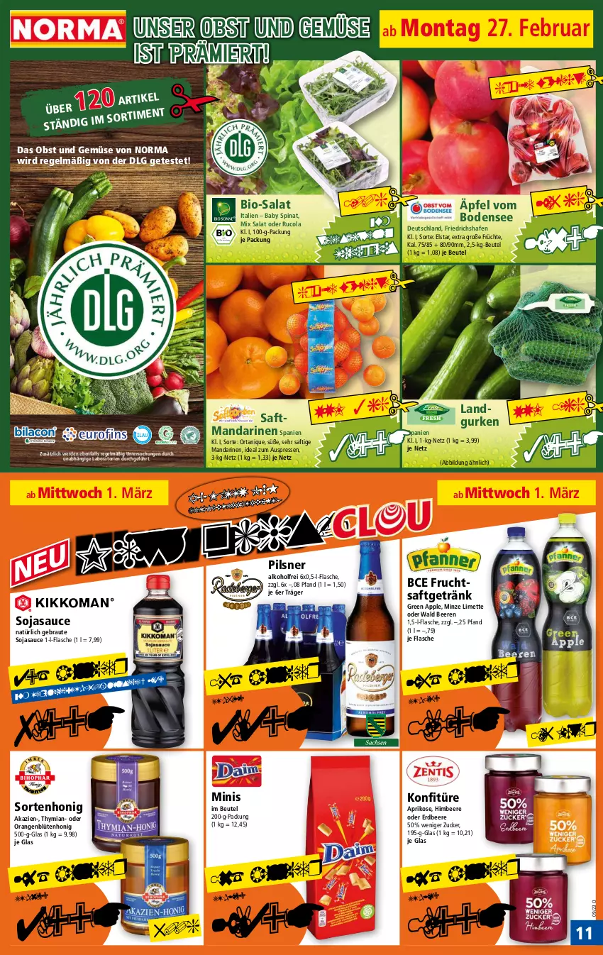 Aktueller Prospekt Norma - Norma - von 27.02 bis 06.03.2023 - strona 11 - produkty: alkohol, Apple, aprikose, beere, beeren, beutel, bio, Blüte, blütenhonig, cola, eis, erdbeere, erde, flasche, frucht, früchte, fruchtsaft, fruchtsaftgetränk, getränk, gurke, gurken, himbeer, himbeere, honig, konfitüre, Landgurken, LG, mandarine, mandarinen, minze, obst, Obst und Gemüse, orange, orangen, pils, pilsner, reis, rucola, saft, salat, sauce, soja, sojasauce, spinat, Ti, tiefpreis, und gemüse, zucker