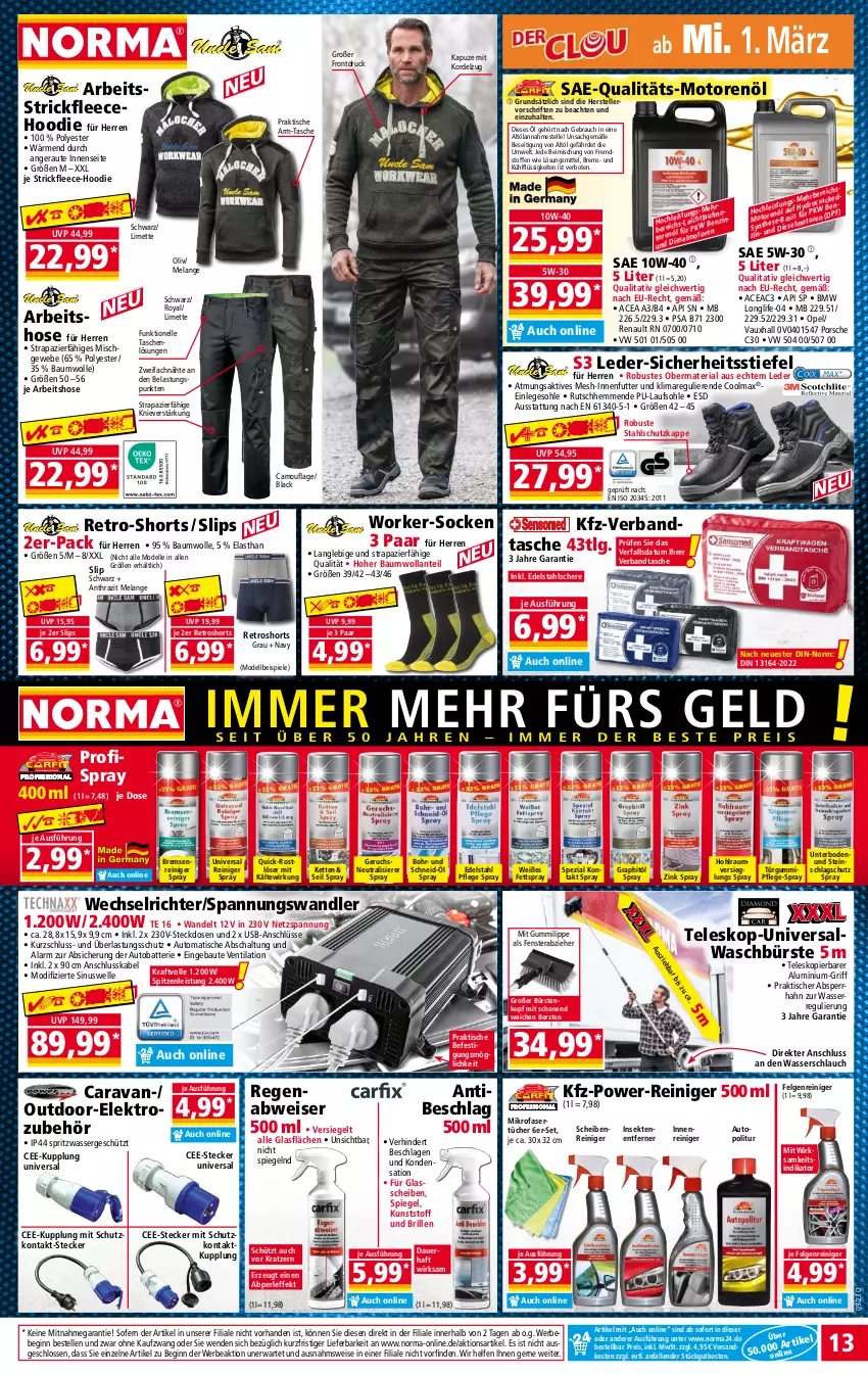 Aktueller Prospekt Norma - Norma - von 27.02 bis 06.03.2023 - strona 13 - produkty: Alwa, auer, auto, batterie, Bau, baumwolle, Bebe, Brille, bürste, bürsten, dell, edelstahl, eis, Elan, Elektro, elle, felgen, Felgenreiniger, fenster, gin, gsw, hose, Kette, kraft, lack, LG, limette, longlife, Mett, mikrofaser, Mikrofasertücher, Mode, motorenöl, ndk, Rauch, reiniger, reis, retroshorts, Ria, sac, Schal, Scheibenreiniger, Schere, schlauch, sekt, shorts, slip, slips, socken, Spezi, spiegel, Spiele, steckdose, Tasche, taschen, Teleskop, teller, Ti, tisch, tücher, usb, wasser, Wasserschlauch, wolle