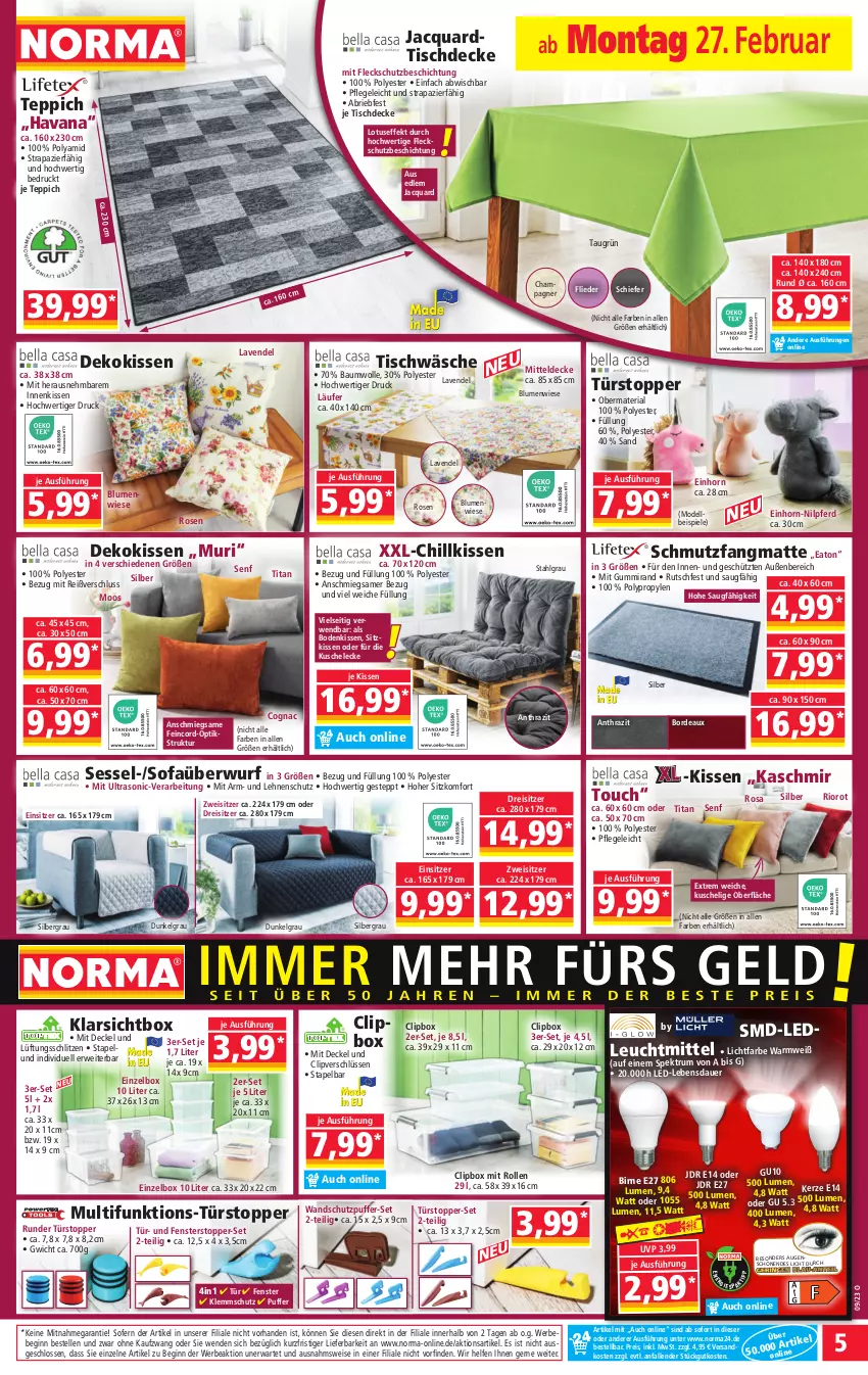 Aktueller Prospekt Norma - Norma - von 27.02 bis 06.03.2023 - strona 5 - produkty: auer, Bau, baumwolle, Bebe, blume, blumen, brie, champagne, champagner, Cognac, decke, Deckel, dekokissen, dell, eis, elle, fenster, flieder, gin, kerze, kissen, Klarsichtbox, Läufer, lavendel, leuchtmittel, LG, mitteldecke, Mode, ndk, reis, Ria, ring, rosen, rum, rwe, schmutzfangmatte, senf, sessel, sitzkissen, Sofa, Sofaüberwurf, Spektrum, Spiele, teppich, Ti, tisch, tischdecke, Tischwäsche, topper, türstopper, wolle, ZTE